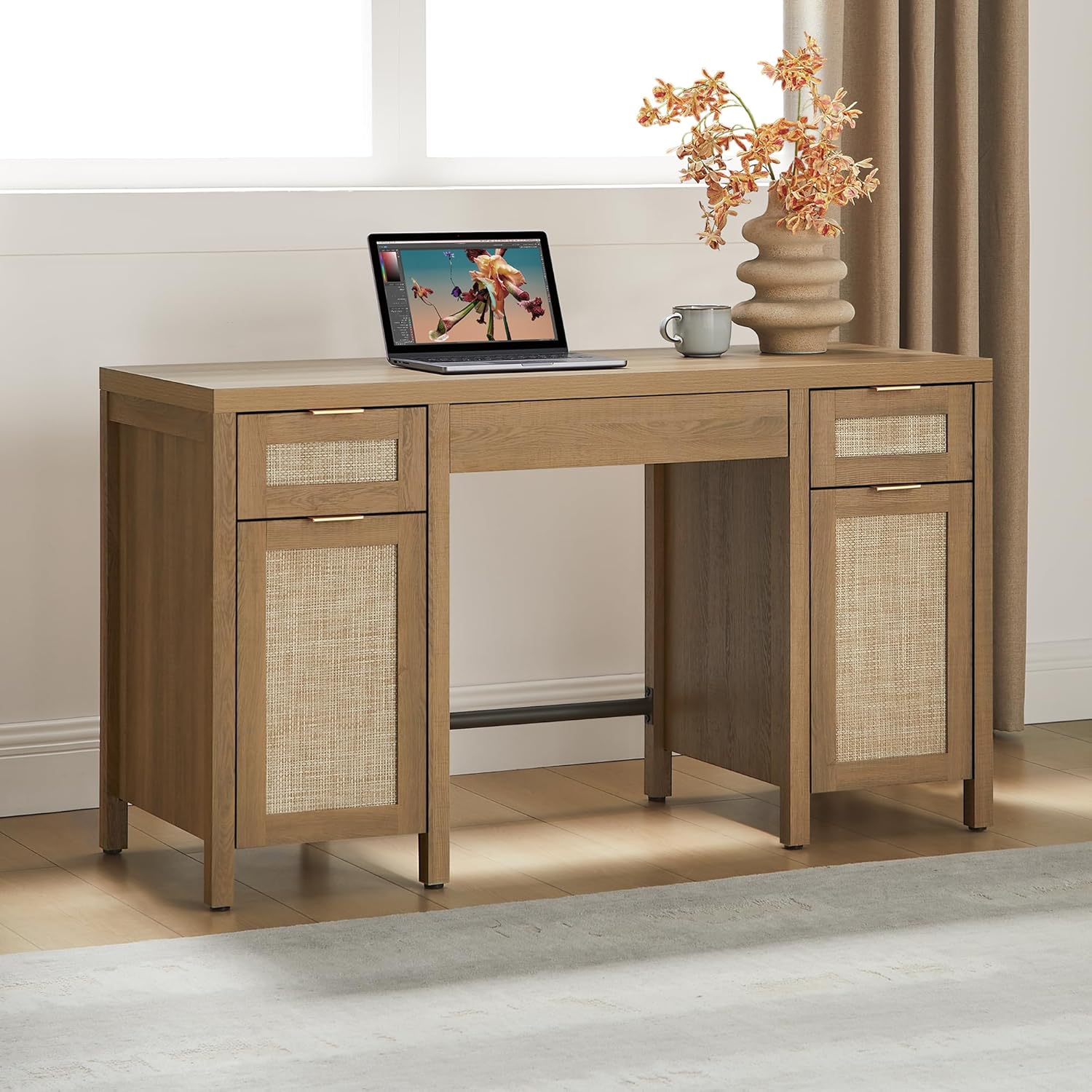 SICOTAS 52" Rattan Home Office Desk with 3 Drawers: Boho Executive Desk with 2 Storage Cabinets, Large Computer Writing Table for Study, Office, Living Room