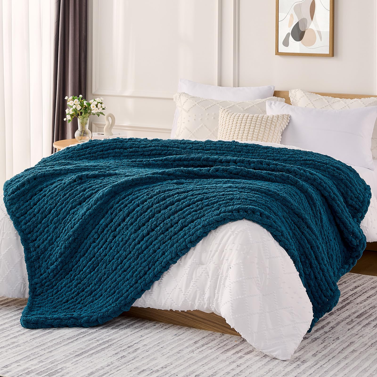 L'AGRATY Chunky Knit Blanket Throw,Soft Chenille Yarn Throw Blanket 50x60，Handmade Cable Knit Crochet Blanket,Large Knit Blankets Chunky Yarn,Rope Knot Throw Blanket for Couch Sofa Bed Home Decor