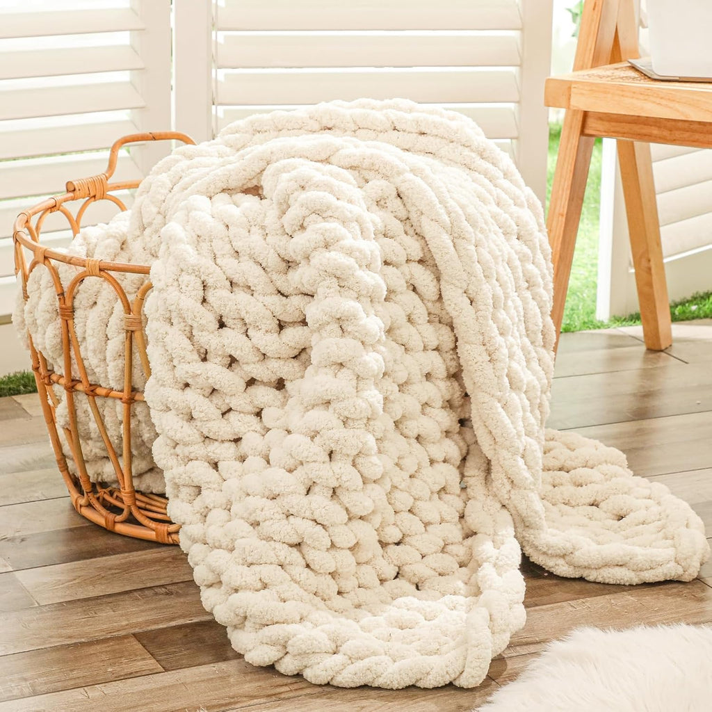 40×60" Beige Hand Knit Jumbo Chenille Chunky Knit Throw Blanket for Sofa & Bed