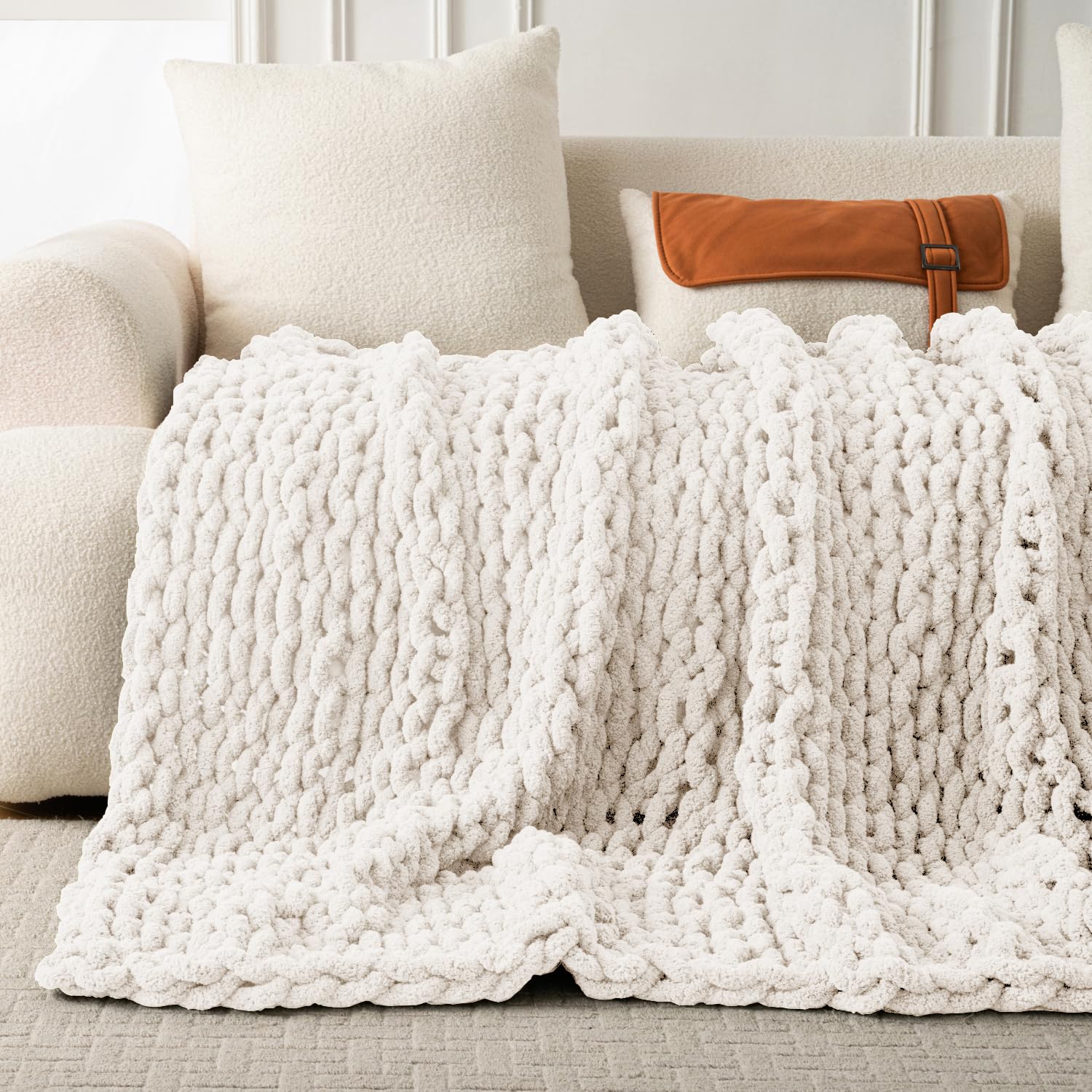 Ultra Soft Chunky Knit Throw Blanket 50x70 Hand Knitted Warm Chenille Throw Blanket, Home Decor Soft Thick Yarn Cable Knit Blanket Breathable Fleece Banket Christmas for Couch Bed Sofa Best Gift