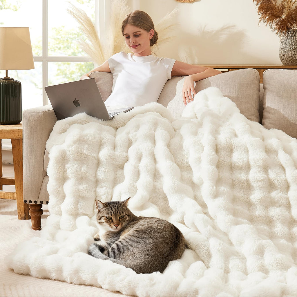 L'AGRATY Faux Rabbit Fur Blanket: 50" x 60" Luxury Soft Fluffy Thick Fur Throw Blanket for Couch Bed Sofa - Cozy Plush Bubble Blankets for Winter: Warm Flannel Fleece Decorative Blanket(Almond White)