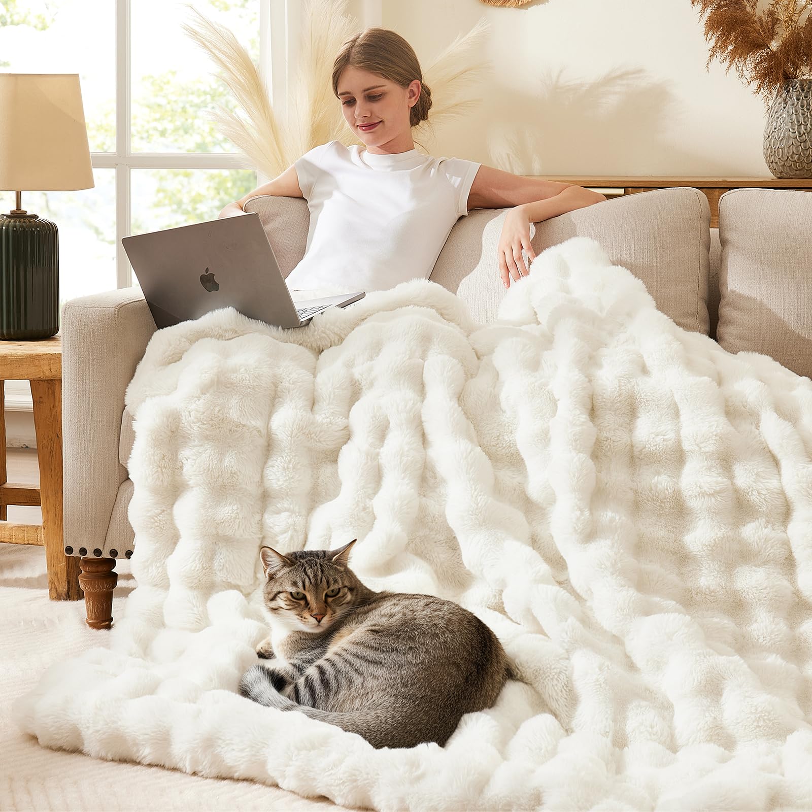 L'AGRATY Faux Rabbit Fur Blanket: 50" x 60" Luxury Soft Fluffy Thick Fur Throw Blanket for Couch Bed Sofa - Cozy Plush Bubble Blankets for Winter: Warm Flannel Fleece Decorative Blanket(Almond White)