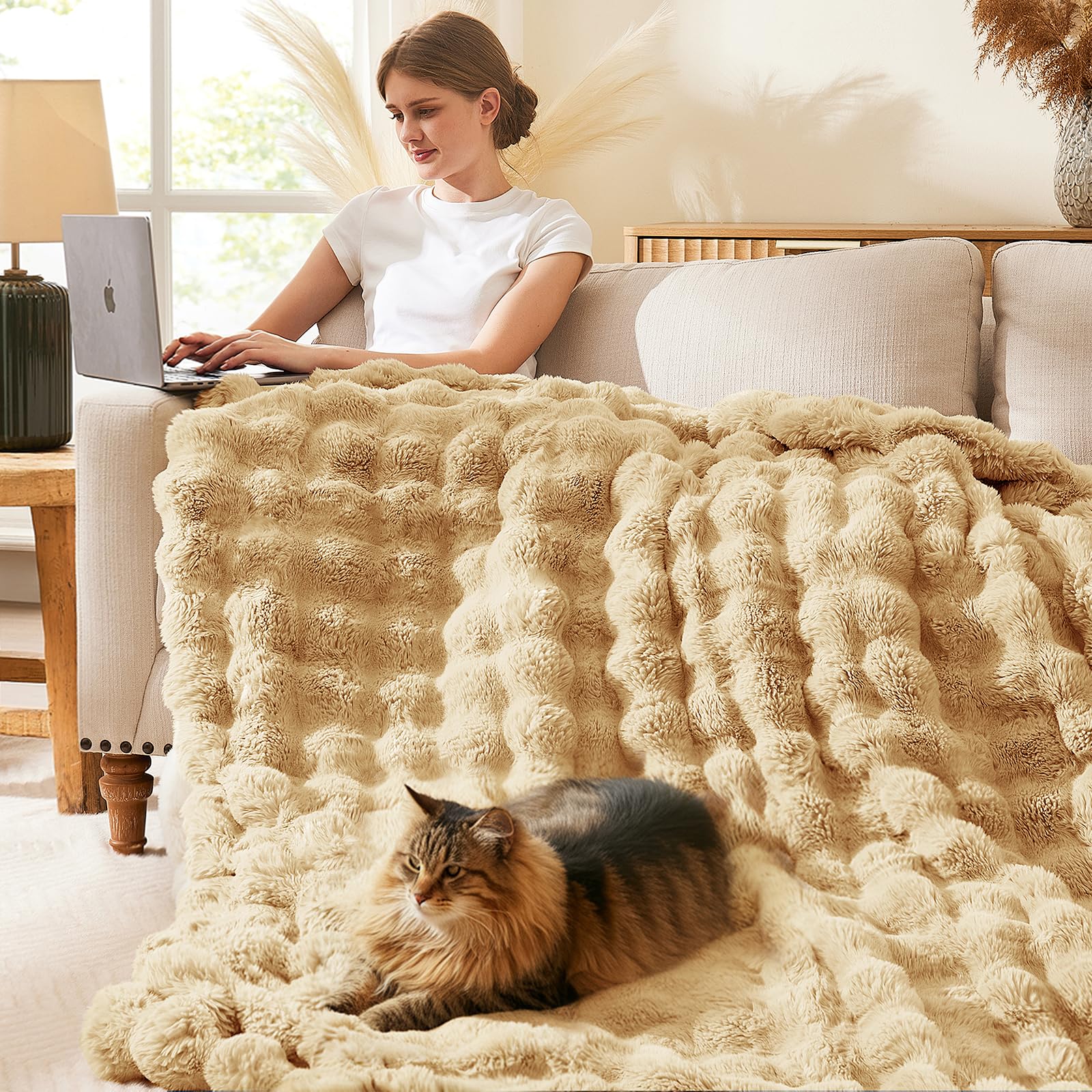 L'AGRATY Faux Rabbit Fur Blanket: 50" x 60" Luxury Soft Fluffy Thick Fur Throw Blanket for Couch Bed Sofa - Cozy Plush Bubble Blankets for Winter: Warm Flannel Fleece Decorative Blanket(Almond White)