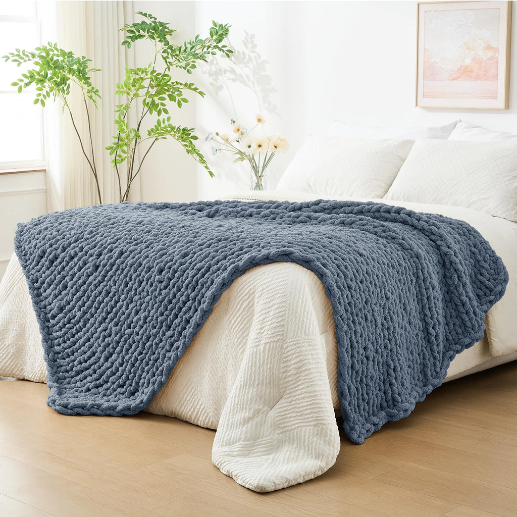 40×60" Beige Hand Knit Jumbo Chenille Chunky Knit Throw Blanket for Sofa & Bed
