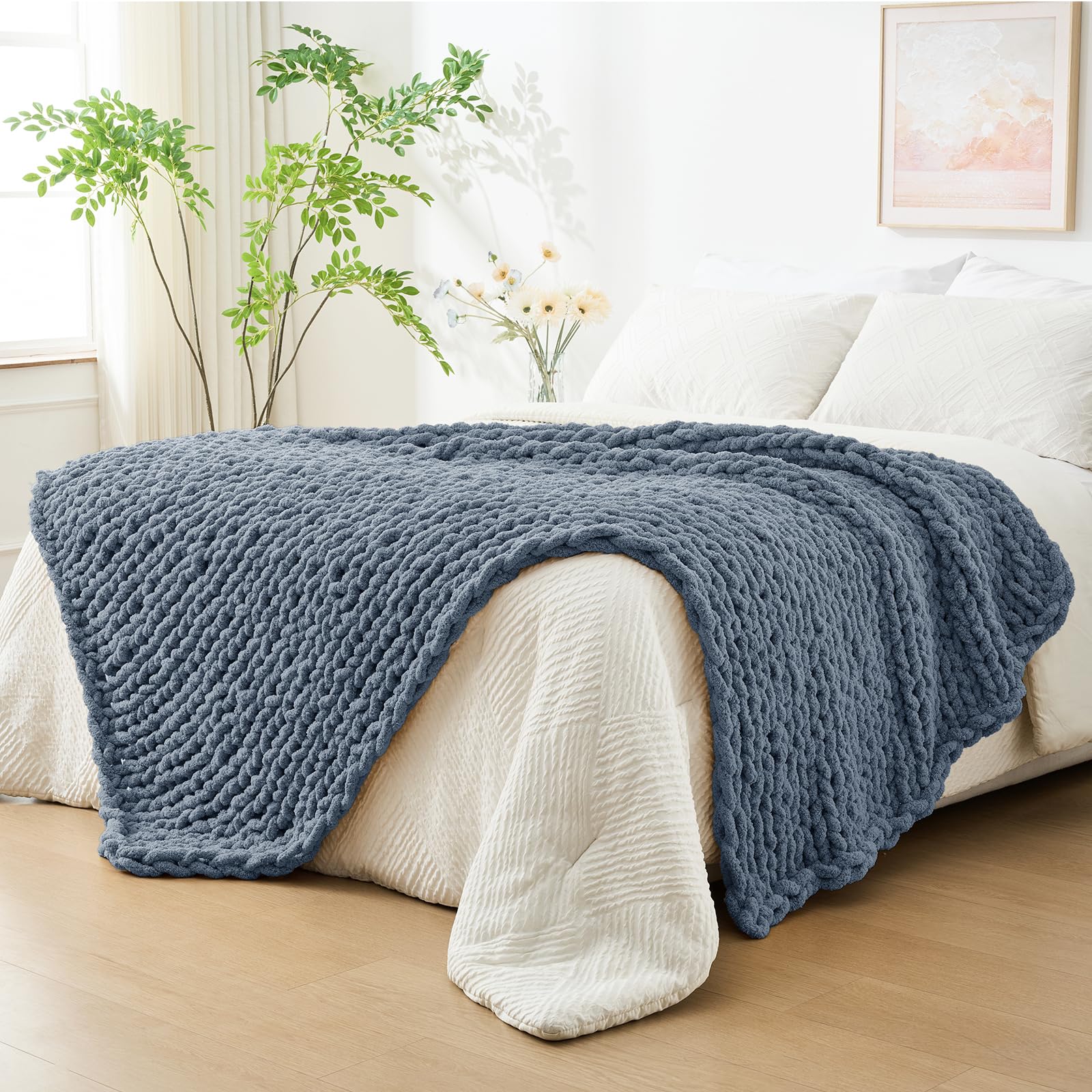 40×60" Beige Hand Knit Jumbo Chenille Chunky Knit Throw Blanket for Sofa & Bed