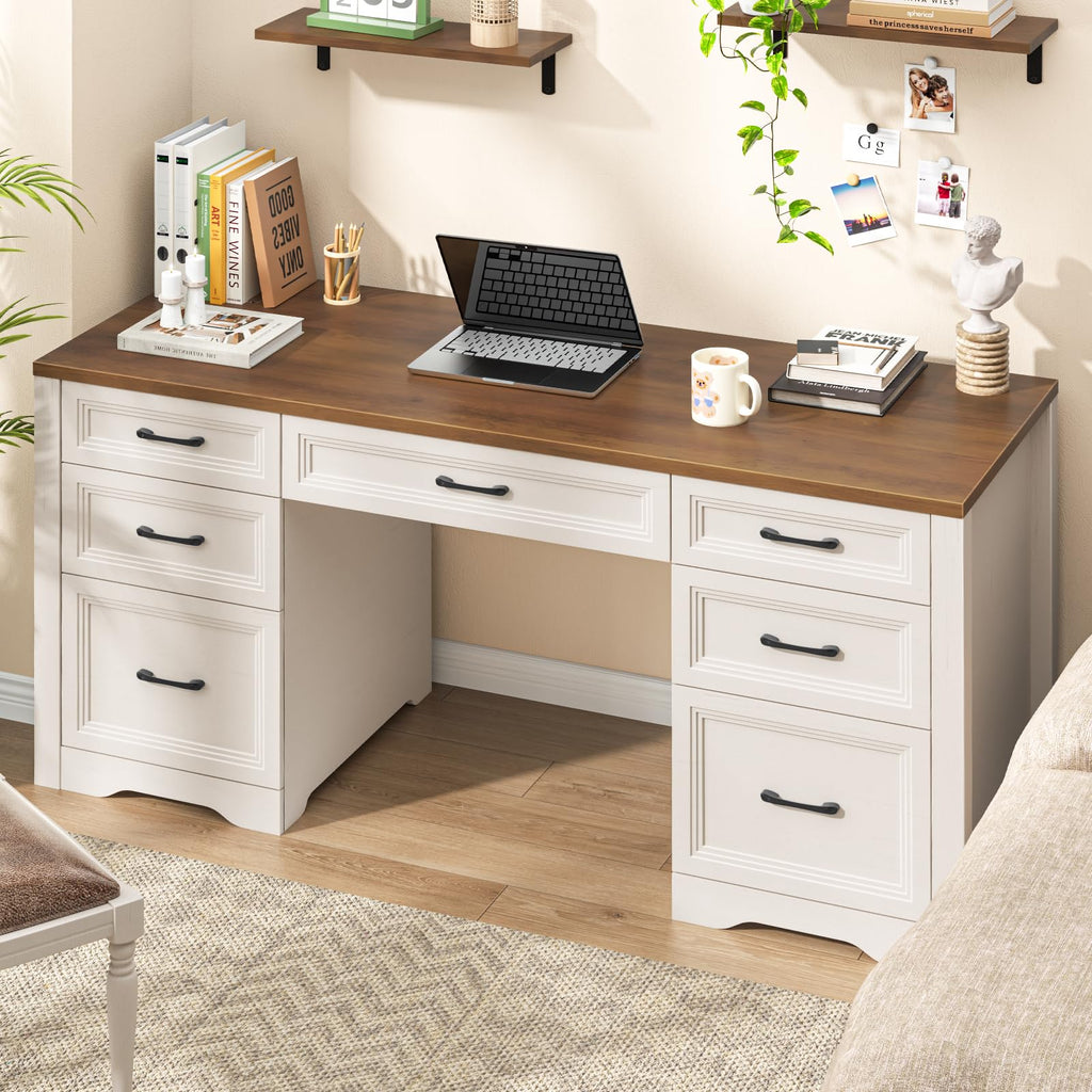Vabches Farmhouse Executive Desk with Storage and Ample File Drawer, Rustic Large Home Writing Desk for Bedroom, White