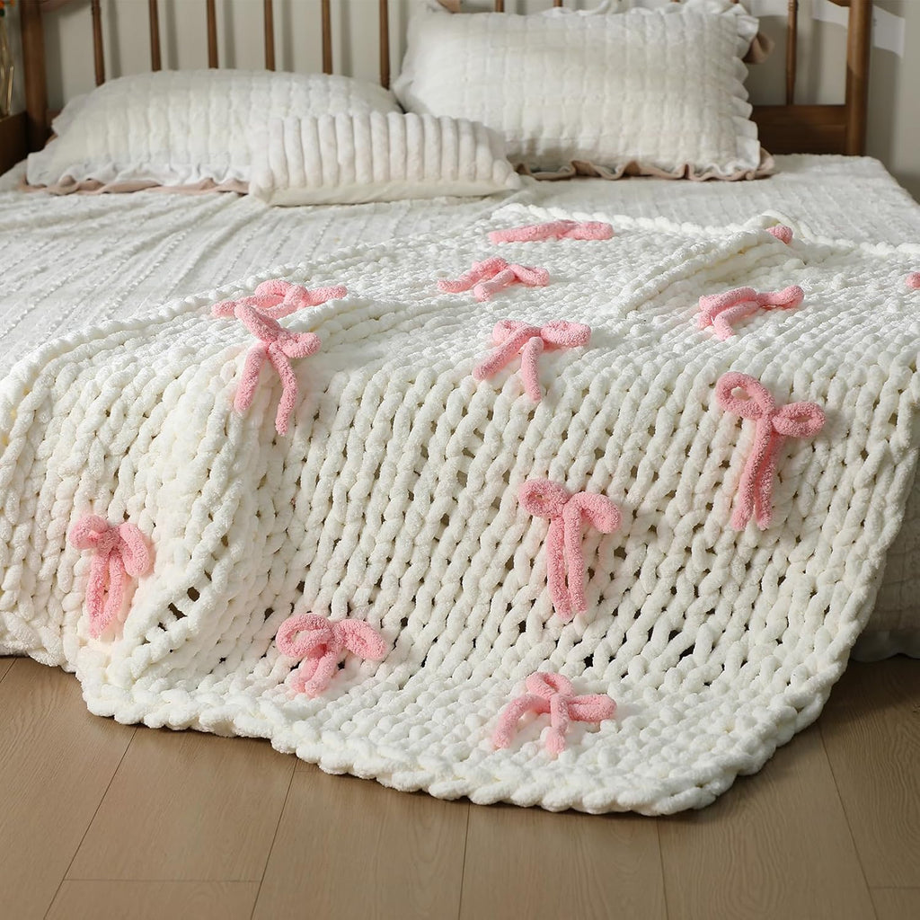 Mindsoft Pink Bow Chunky Knit Blanket Throw Large 50" X 60" 100% Handmade Cream Chenille Loop Yarn Fluffy Soft Knitted Throw Big Cozy Thick Cable Knit Crochet Blanket for Couch Sofa Bed