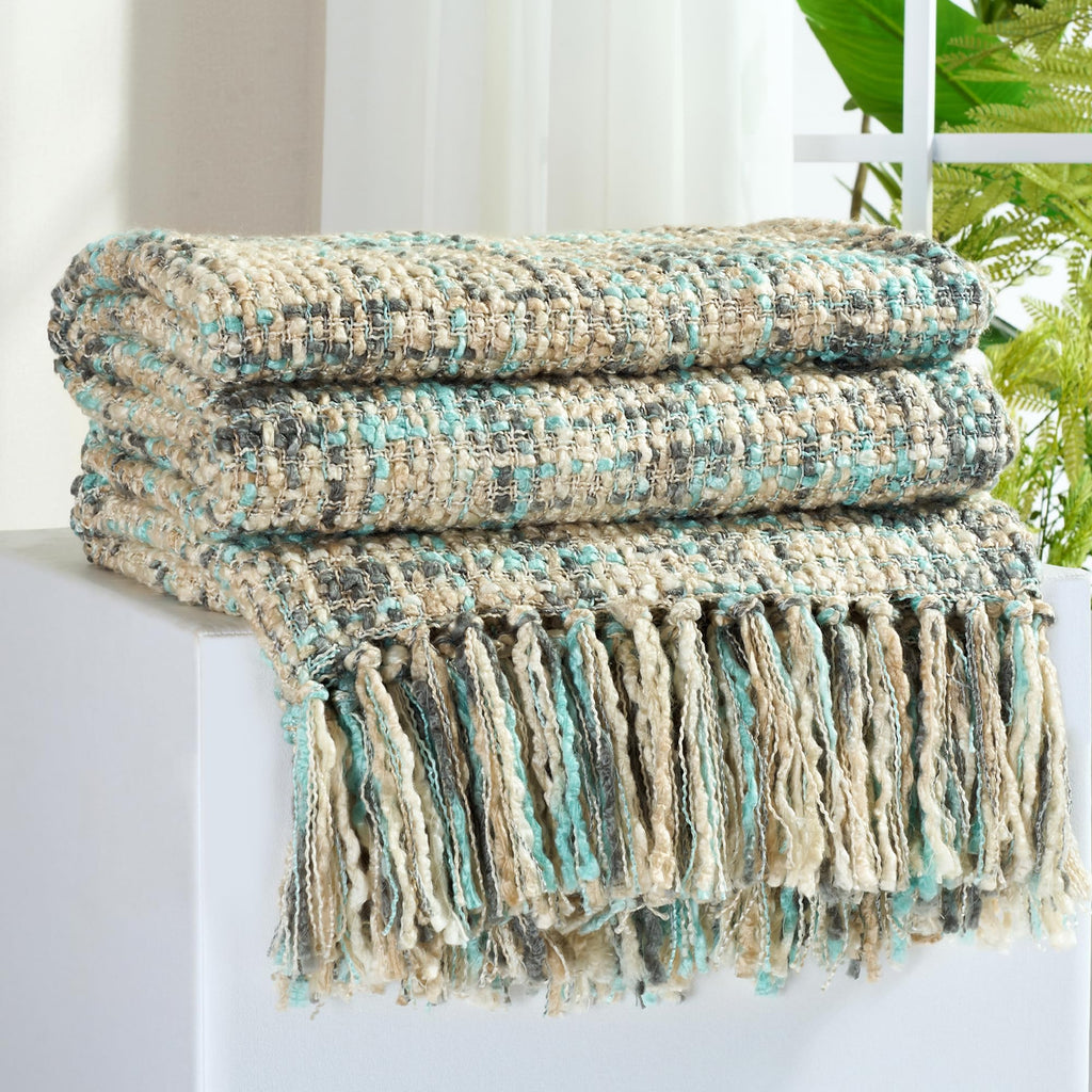 Multi-Color Green Cable Woven Throw Blanket for Couch,60"X80" Boho Style Textured Blankets for Home Decor,Super Soft Warm Cozy Chunky Blanket with Decorative Tassels for Bed and Sofa