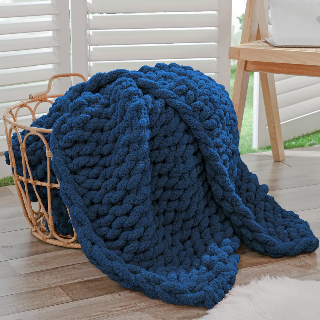 40×60" Beige Hand Knit Jumbo Chenille Chunky Knit Throw Blanket for Sofa & Bed