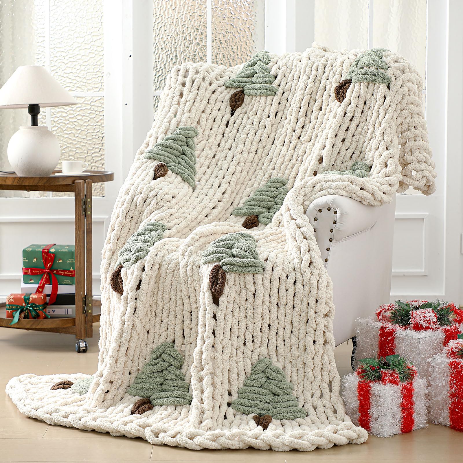 Mindsoft Chunky Knit Throw Blanket Large 50" X 60" Handmade Cream Chenille Loop Yarn Fluffy Soft Knitted Throw Big Cozy Thick Cable Knit Crochet Blanket for Couch Sofa Bed(Red,Heart)