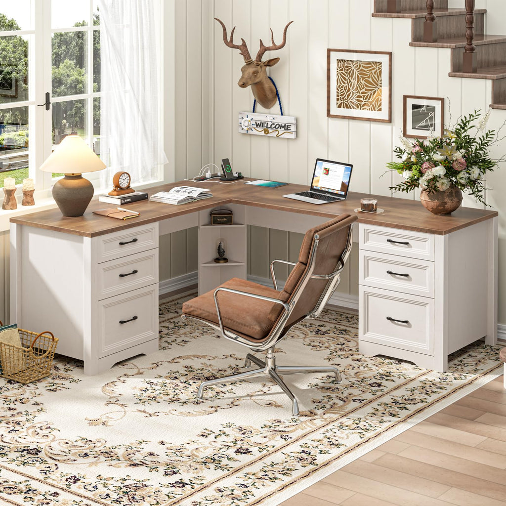 Vabches Farmhouse Executive Desk with Storage and Ample File Drawer, Rustic Large Home Writing Desk for Bedroom, White