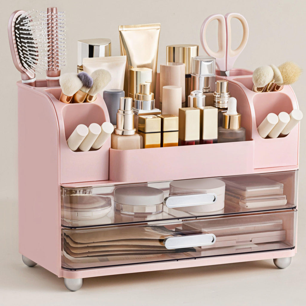 White Large Vanity Cosmetic Organizer with Brush Holder for Skincare & Makeup Storage