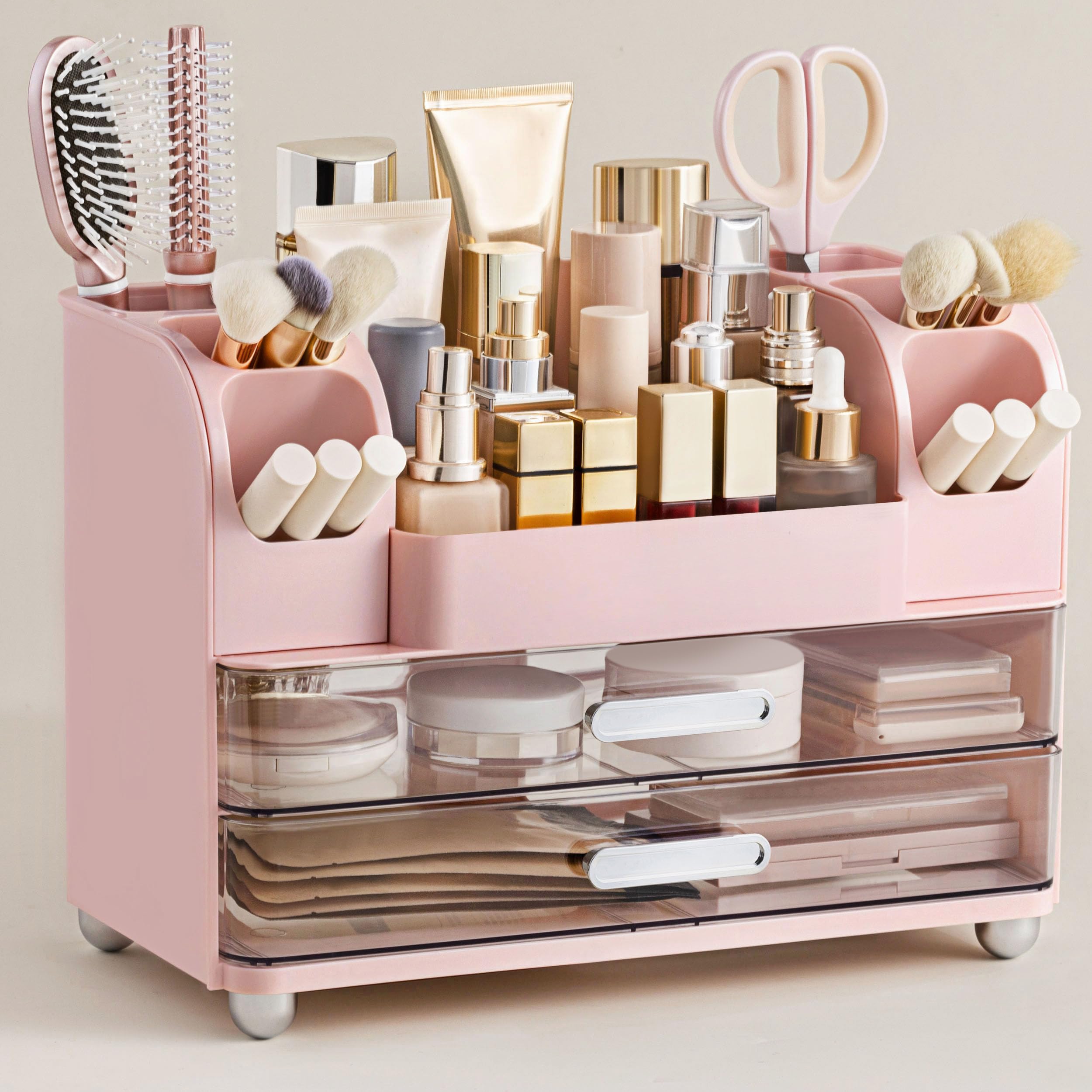 White Large Vanity Cosmetic Organizer with Brush Holder for Skincare & Makeup Storage