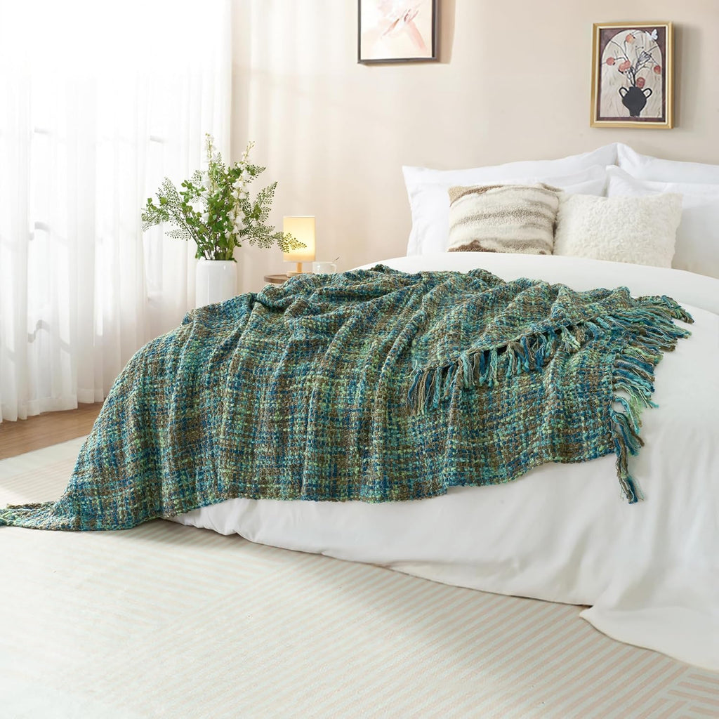 Multi-Color Green Cable Woven Throw Blanket for Couch,60"X80" Boho Style Textured Blankets for Home Decor,Super Soft Warm Cozy Chunky Blanket with Decorative Tassels for Bed and Sofa