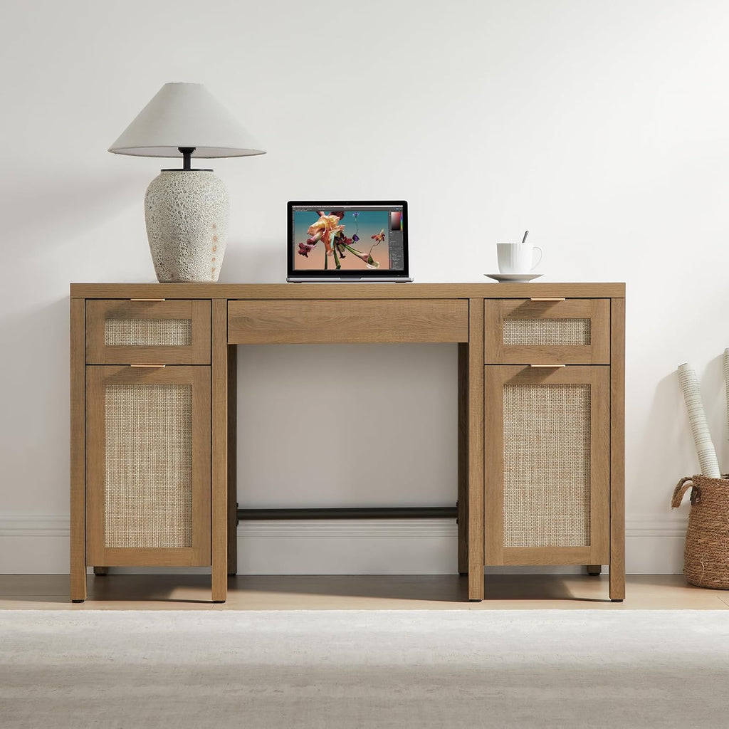 SICOTAS 52" Rattan Home Office Desk with 3 Drawers: Boho Executive Desk with 2 Storage Cabinets, Large Computer Writing Table for Study, Office, Living Room