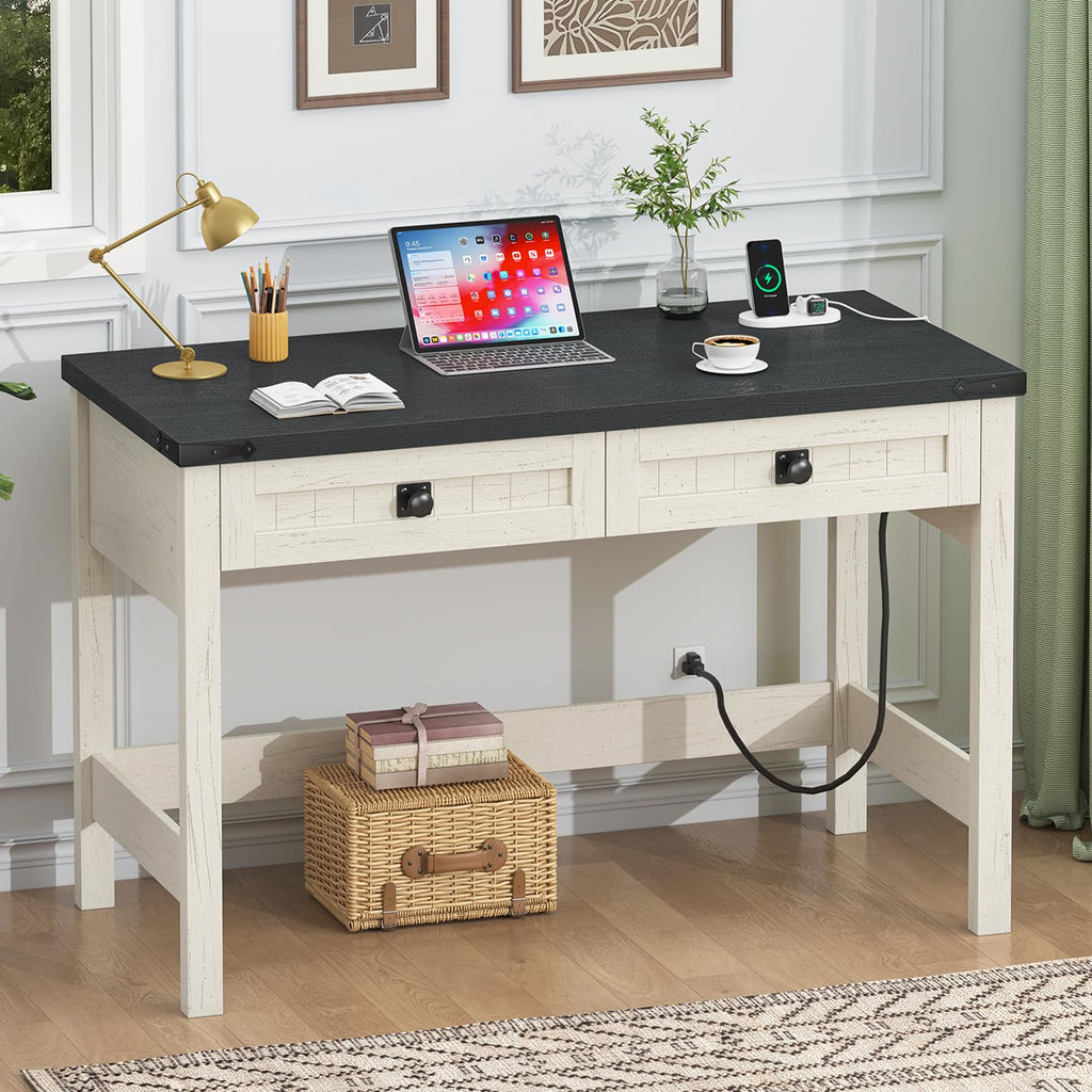 YOMILUVE Farmhouse Computer Desk with 2 Drawers, 39 Inch Small Office Computer Desk with Power Outlets, Compact Writing Study Desk for Small Spaces, Antique White