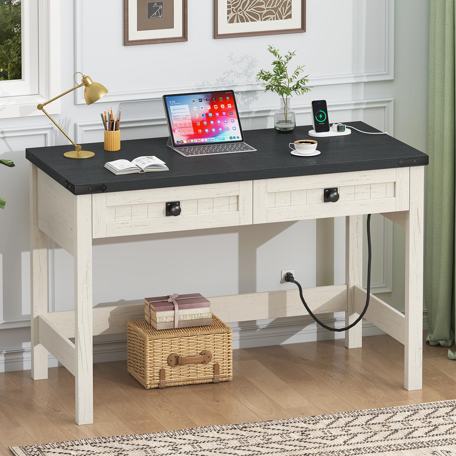 YOMILUVE Farmhouse Computer Desk with 2 Drawers, 39 Inch Small Office Computer Desk with Power Outlets, Compact Writing Study Desk for Small Spaces, Antique White