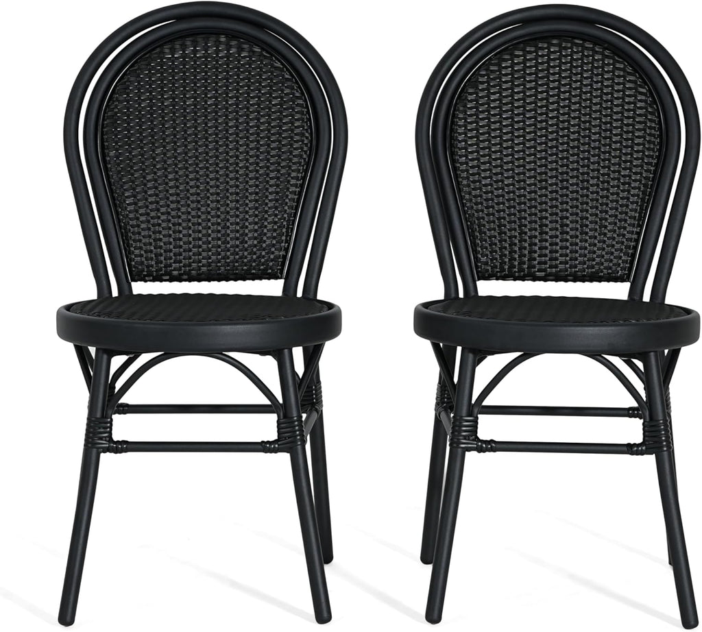 Christopher Knight Home Idle Hour Coastal Outdoor Bistro Chairs Set of 2, Aluminum Patio Dining Chairs Set of 2, Wicker Patio Furniture Amrless Accent Chair for Garden/Backyard/Balcony, Black