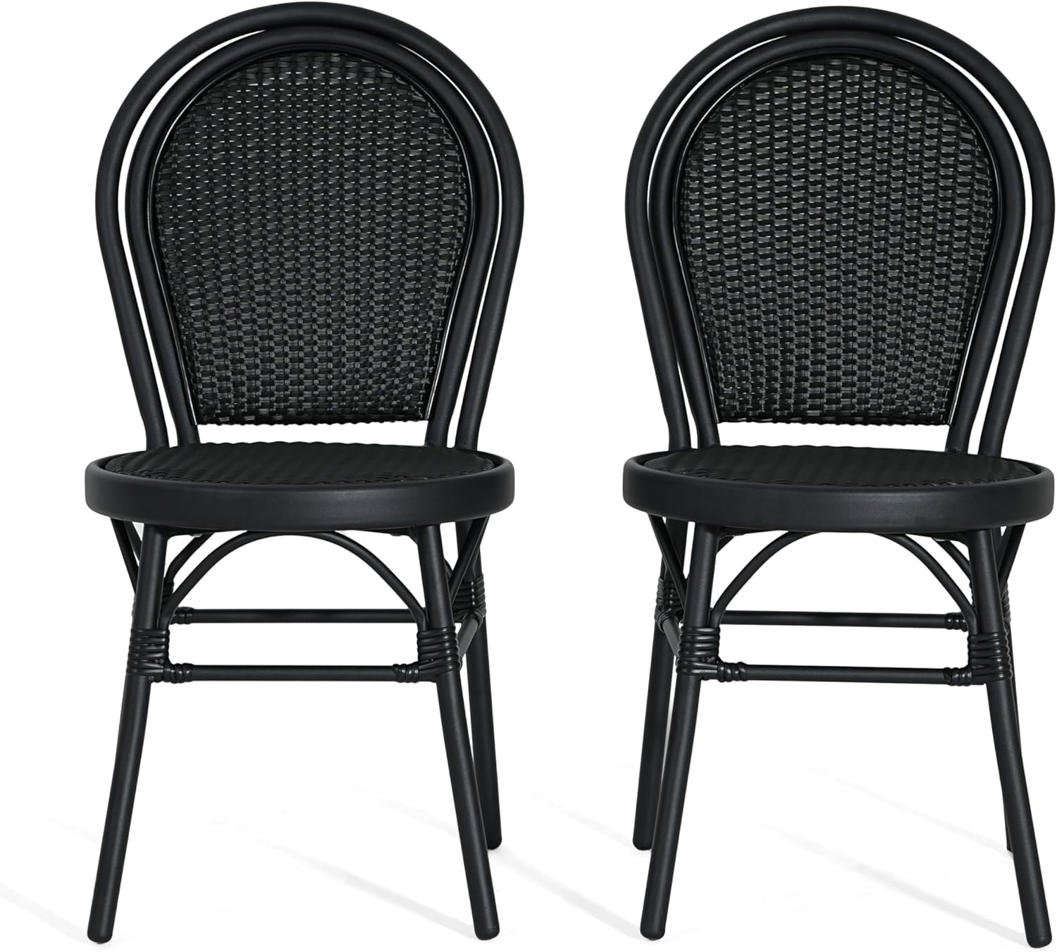Christopher Knight Home Idle Hour Coastal Outdoor Bistro Chairs Set of 2, Aluminum Patio Dining Chairs Set of 2, Wicker Patio Furniture Amrless Accent Chair for Garden/Backyard/Balcony, Black