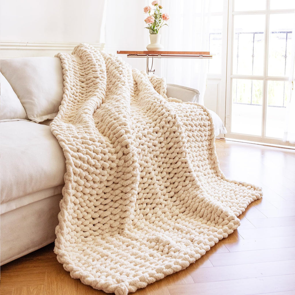 Chunky Knit Blanket - Luxury Soft Cozy 60 * 80 Throw Blanket, 100% Handmade Chenille Yarn Woven Blanket for Couch, Sofa, Home Decor, Gift - Machine Washable (Cream, 60 * 80)