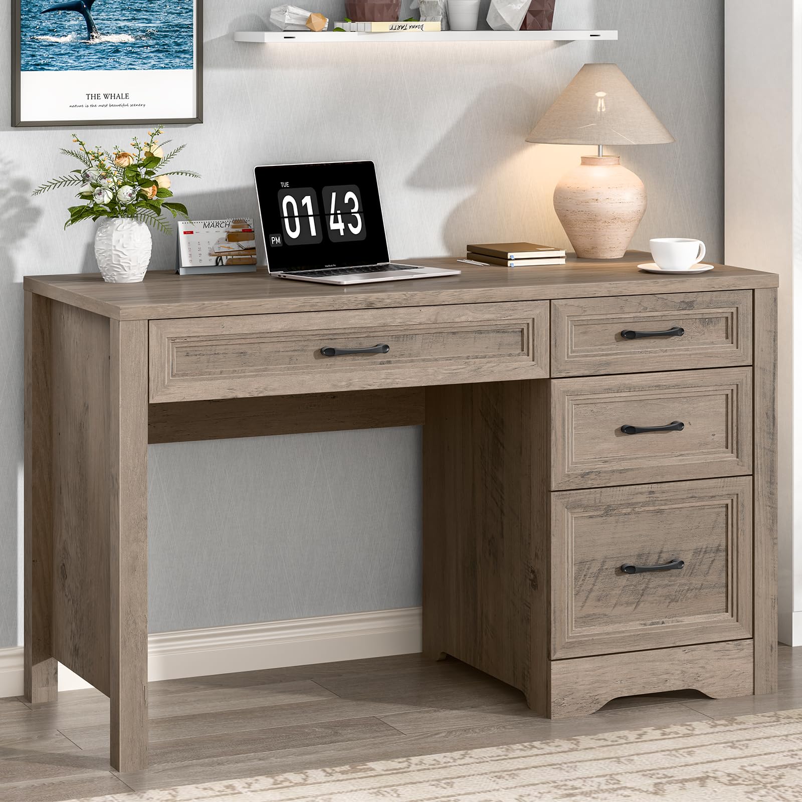 Vabches Farmhouse Executive Desk with Storage and Ample File Drawer, Rustic Large Home Writing Desk for Bedroom, White