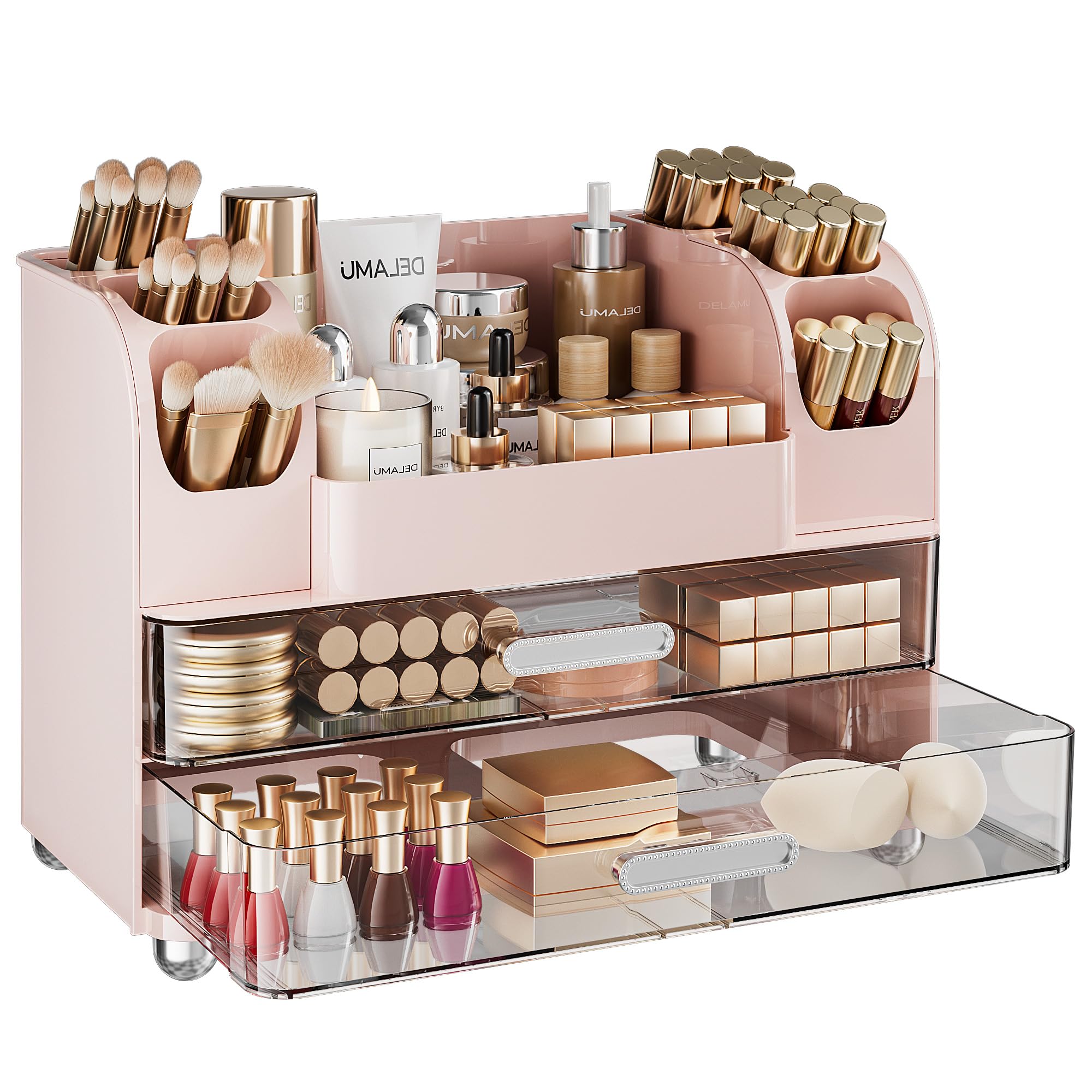 Delamu Large Makeup Organizer Countertop with 6 Brush Holders, Makeup Organizers for Vanity with 2 Large Drawers, Easy to Store Skincare, Lipsticks, Nail Polishes, Perfumes, Eyeshadow Palettes, White