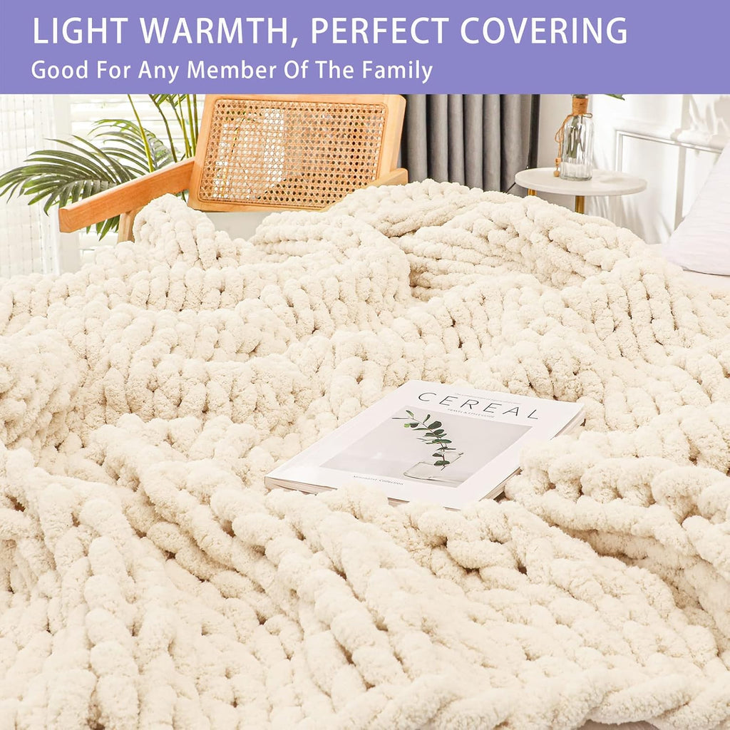 40×60" Beige Hand Knit Jumbo Chenille Chunky Knit Throw Blanket for Sofa & Bed