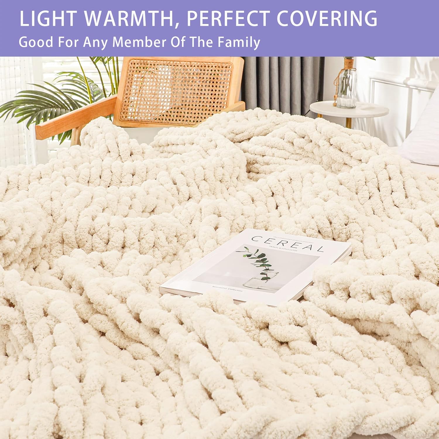 40×60" Beige Hand Knit Jumbo Chenille Chunky Knit Throw Blanket for Sofa & Bed