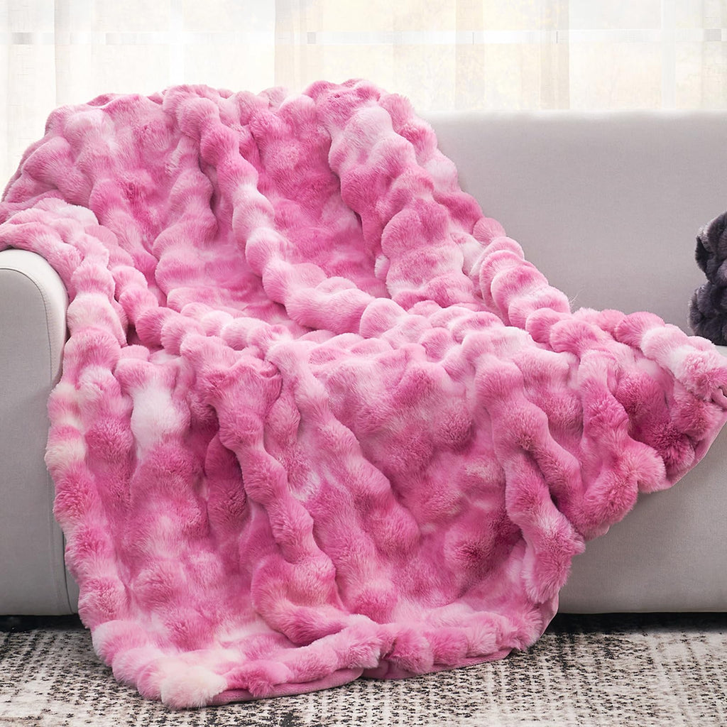 Cozy Bliss Faux Fur Throw Blanket for Couch, Fuzzy Soft Plush Thick Bubble Blanket for Sofa Bedroom Living Room, 50 * 60 Inches Cream White