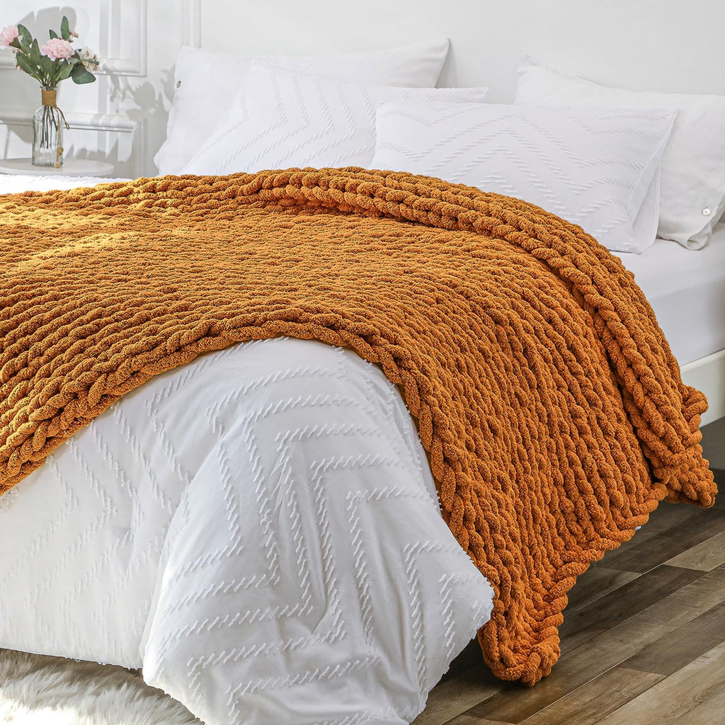 40×60" Beige Hand Knit Jumbo Chenille Chunky Knit Throw Blanket for Sofa & Bed