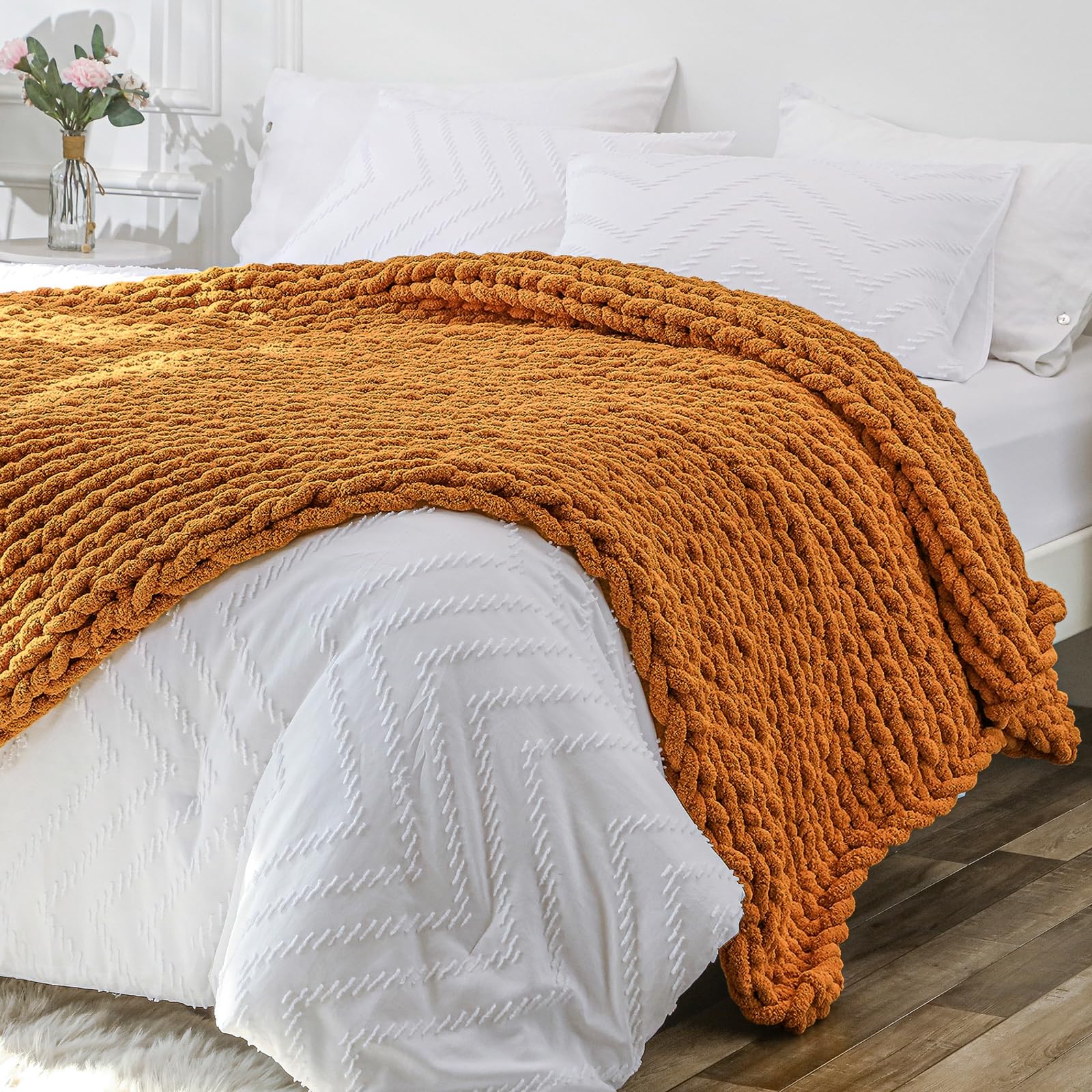 40×60" Beige Hand Knit Jumbo Chenille Chunky Knit Throw Blanket for Sofa & Bed
