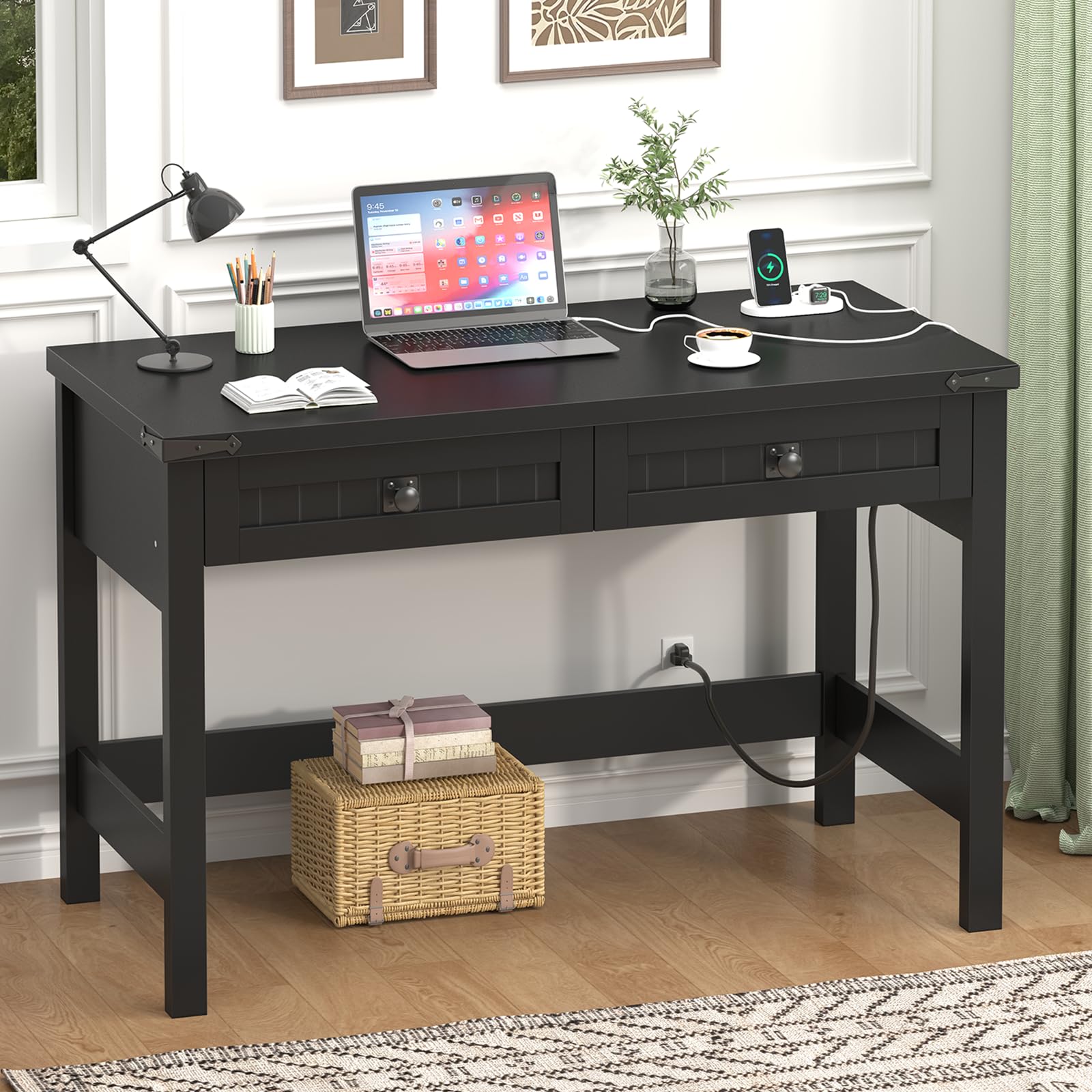 YOMILUVE Farmhouse Computer Desk with 2 Drawers, 39 Inch Small Office Computer Desk with Power Outlets, Compact Writing Study Desk for Small Spaces, Antique White