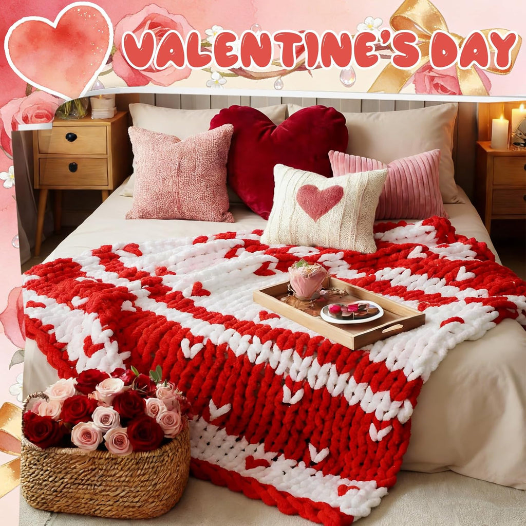 Mindsoft Chunky Knit Throw Blanket Large 50" X 60" Handmade Cream Chenille Loop Yarn Fluffy Soft Knitted Throw Big Cozy Thick Cable Knit Crochet Blanket for Couch Sofa Bed(Red,Heart)