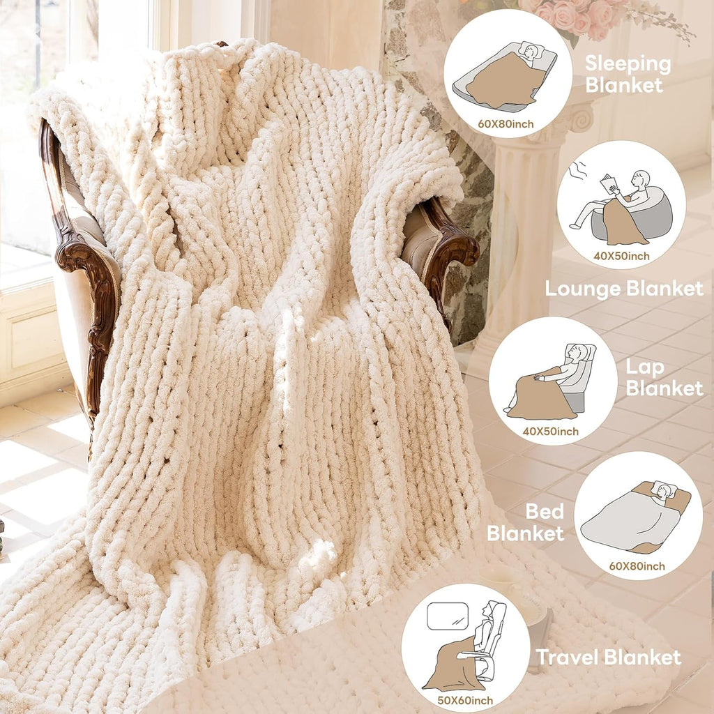 Chunky Knit Blanket - Luxury Soft Cozy 60 * 80 Throw Blanket, 100% Handmade Chenille Yarn Woven Blanket for Couch, Sofa, Home Decor, Gift - Machine Washable (Cream, 60 * 80)