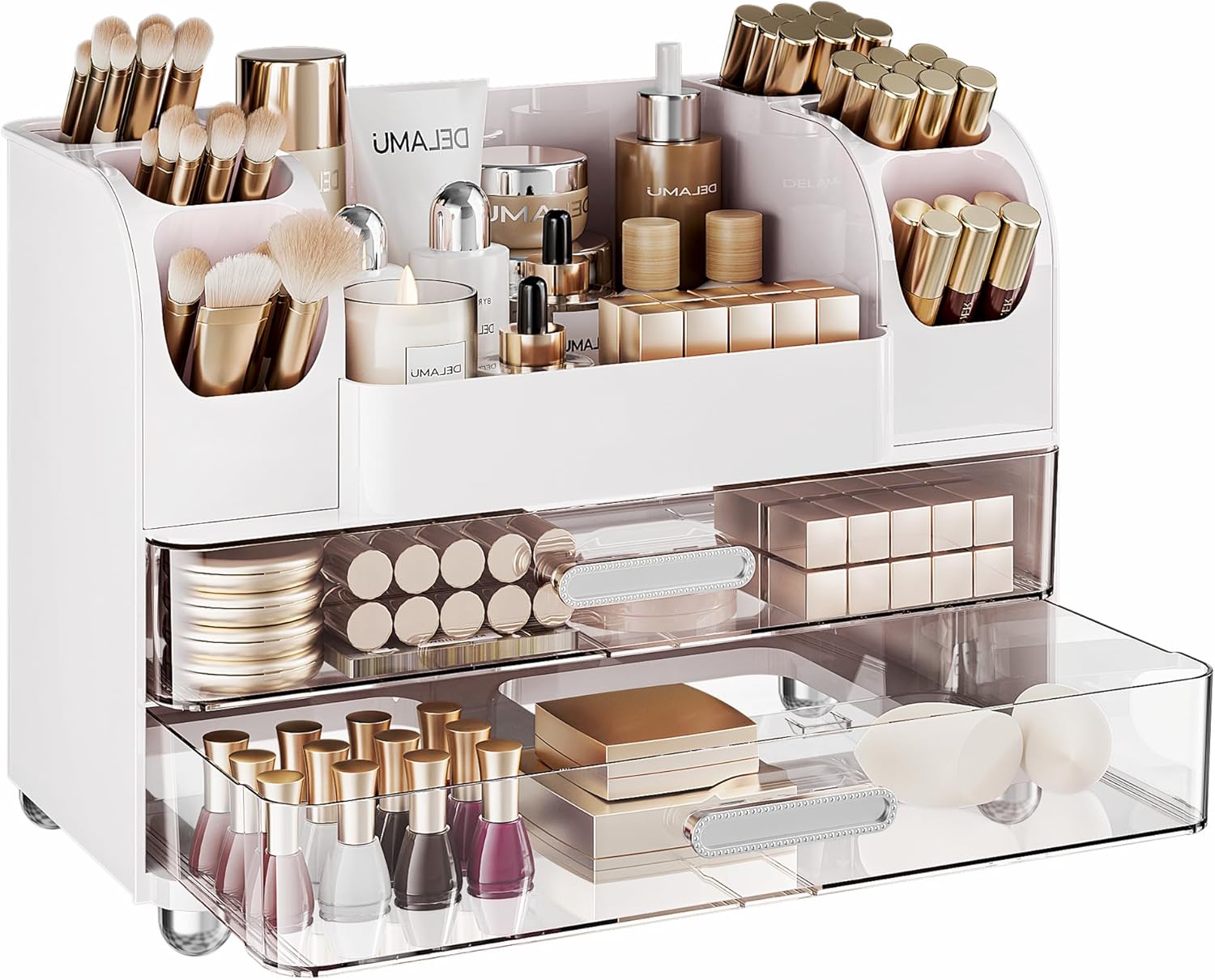 Delamu Large Makeup Organizer Countertop with 6 Brush Holders, Makeup Organizers for Vanity with 2 Large Drawers, Easy to Store Skincare, Lipsticks, Nail Polishes, Perfumes, Eyeshadow Palettes, White