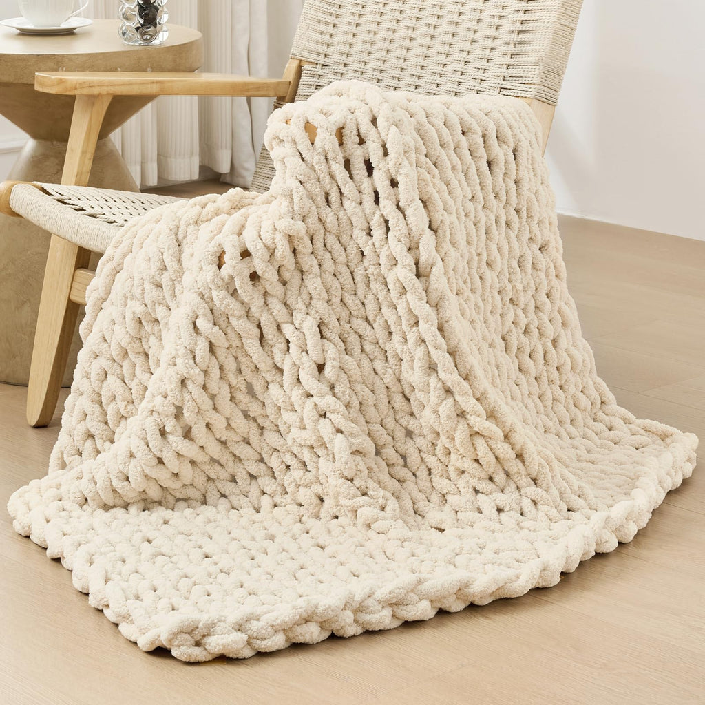 40×60" Beige Hand Knit Jumbo Chenille Chunky Knit Throw Blanket for Sofa & Bed