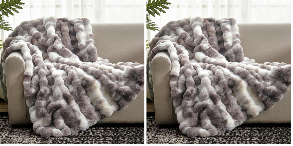 Cozy Bliss Faux Fur Throw Blanket for Couch, Fuzzy Soft Plush Thick Bubble Blanket for Sofa Bedroom Living Room, 50 * 60 Inches Cream White