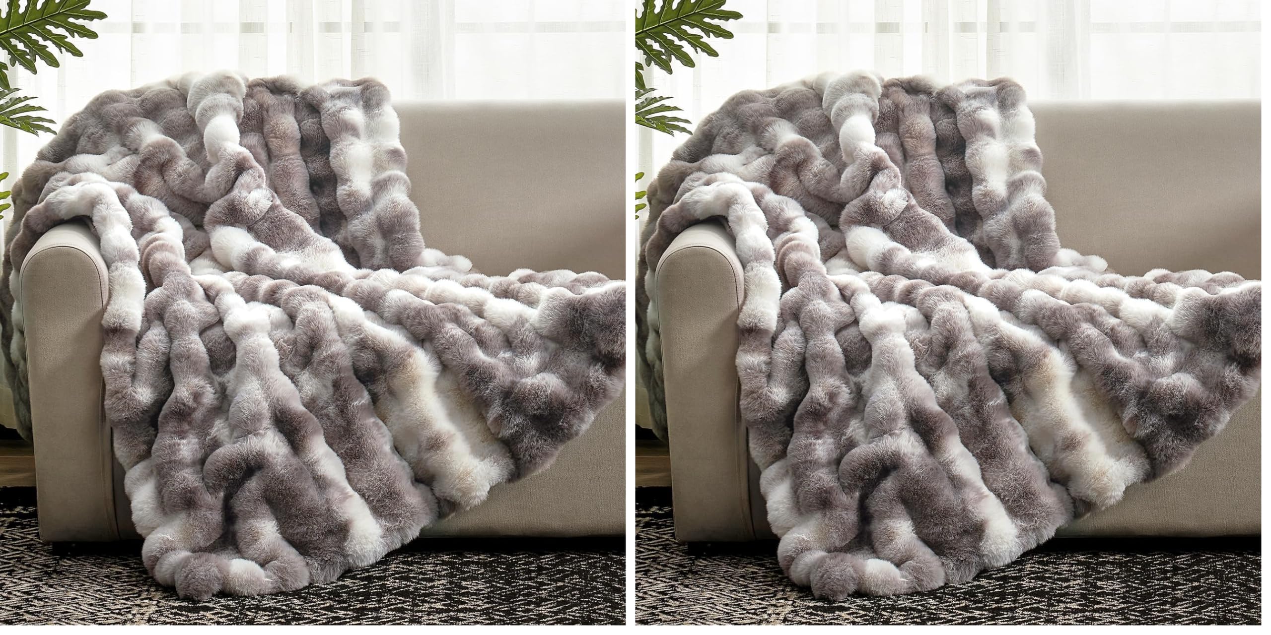 Cozy Bliss Faux Fur Throw Blanket for Couch, Fuzzy Soft Plush Thick Bubble Blanket for Sofa Bedroom Living Room, 50 * 60 Inches Cream White