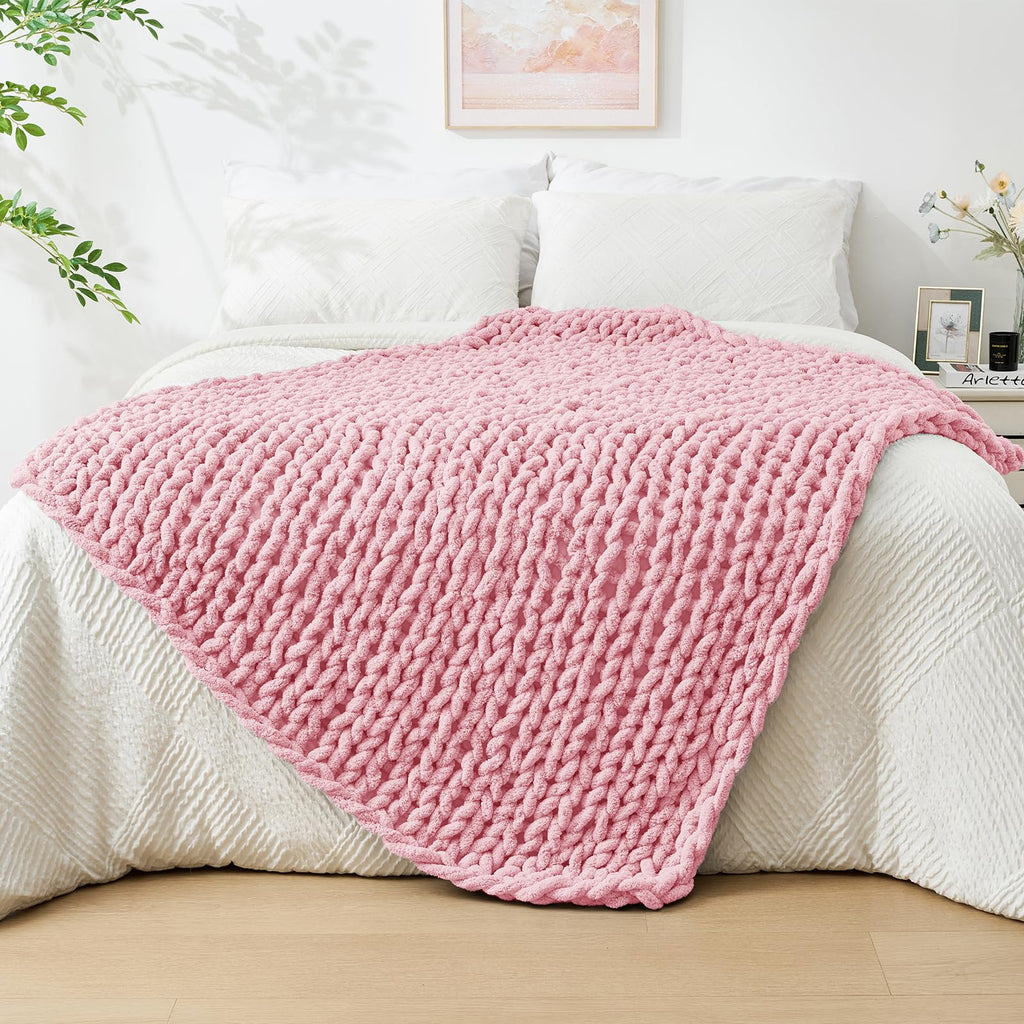 40×60" Beige Hand Knit Jumbo Chenille Chunky Knit Throw Blanket for Sofa & Bed