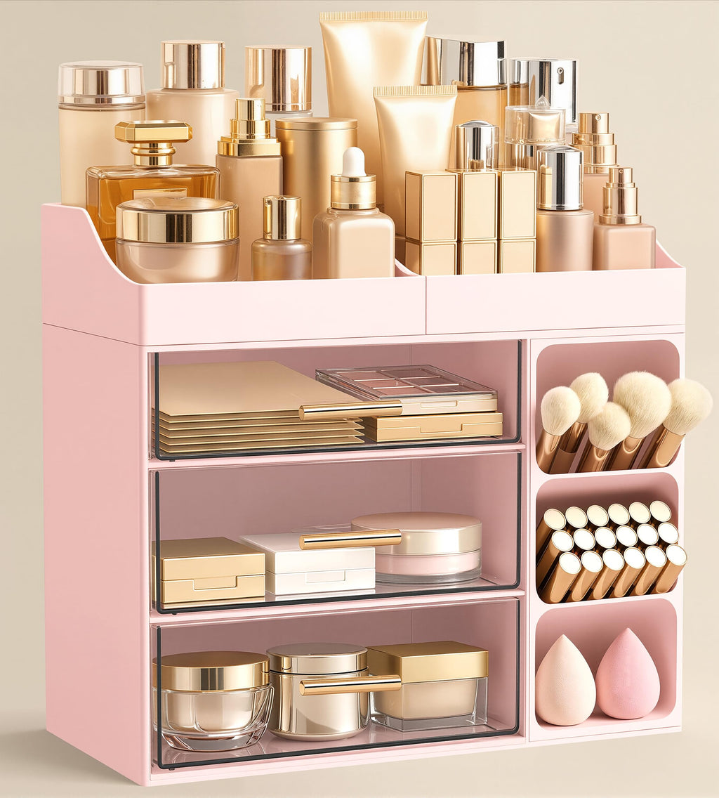 HBlife Makeup Organizer Countertop with Brush Holder,Large Bathroom Counter Organizer with Drawers,Skincare Organizers for Vanity,Plastic Dresser Organizer Storage Gift for Women Girl Mom,All White