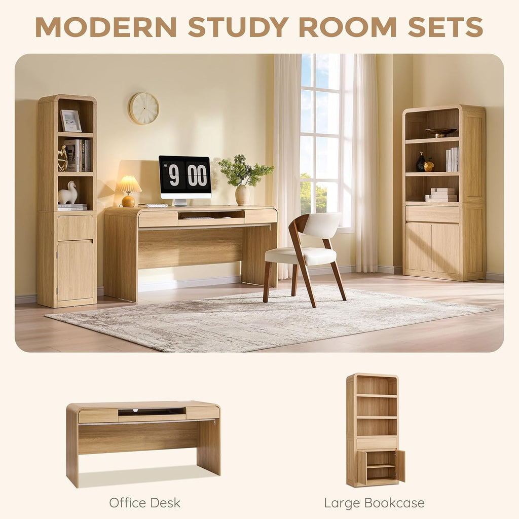 Natural 63" Modern Wood Computer Desk with Drawers, Keyboard Tray & Power Outlet for Home Office