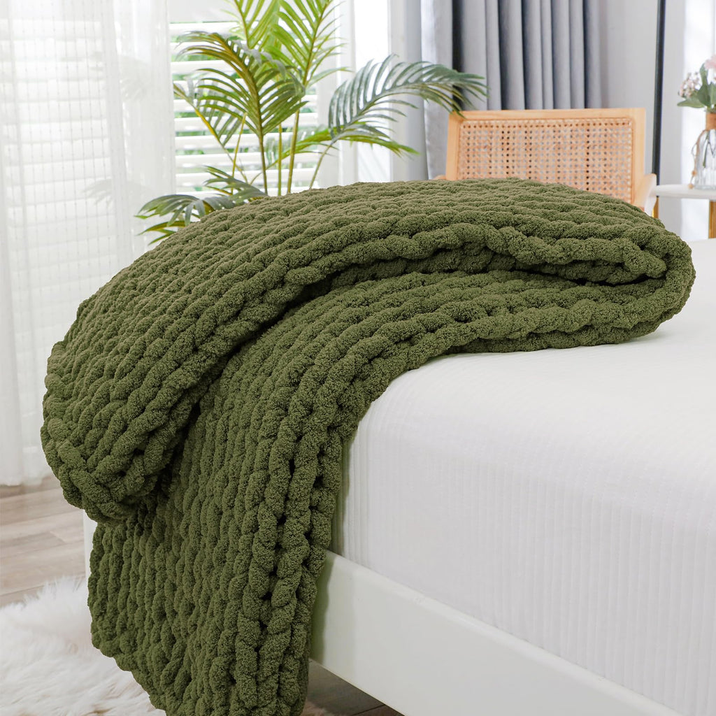 40×60" Beige Hand Knit Jumbo Chenille Chunky Knit Throw Blanket for Sofa & Bed