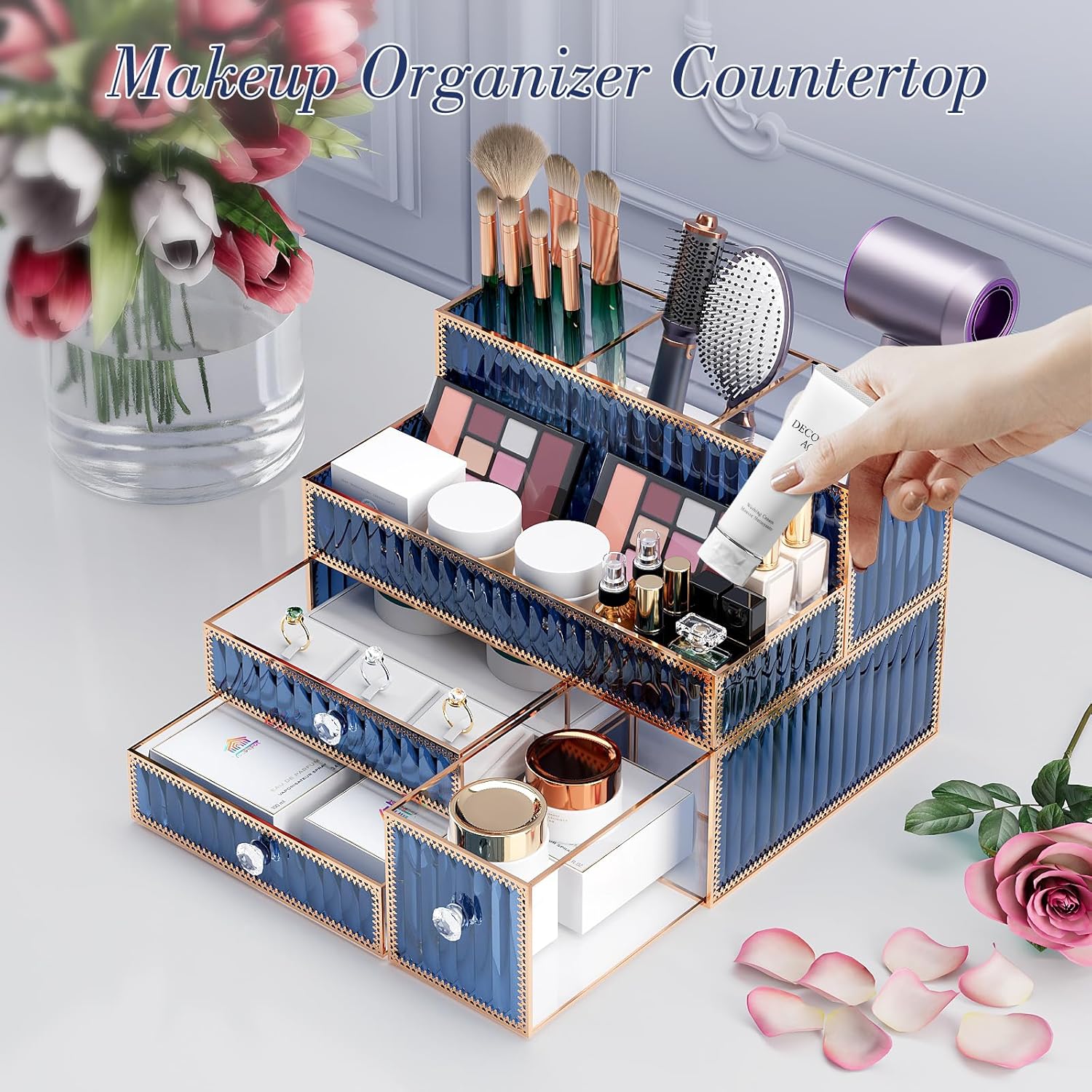 Youdepot Makeup Organizer Blue - Tempered Glass Vanity Organizer for Cosmetics, Skincare, Hair Tools, Brushes, Perfume - Multipurpose Bathroom Counter Skincare Organizer