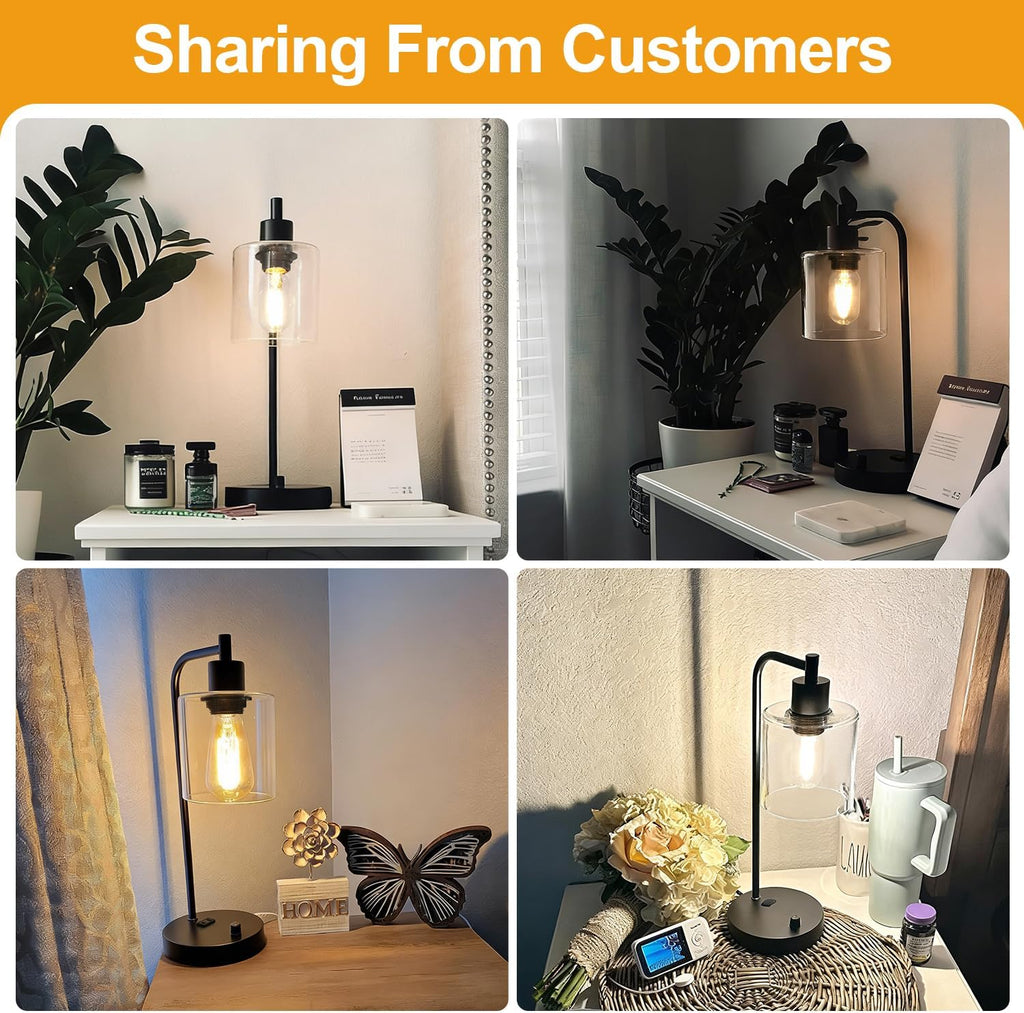 Set of 2 Industrial Table Lamps with USB C+A Ports and Outlet, Fully Stepless Dimmable Bedside Lamps for Bedrooms, Nightstand Desk Lamp with Glass Shade for Reading Living Room Office (Bulbs Included)