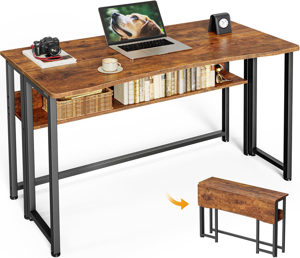Huuger Folding Desk with Storage Shelf, 31.5 Inch Foldable Computer Table for Small Spaces, Space Saving Sofa Table for Couch, Writing Work Office Computer Desk, Easy to Fold, Rustic Brown