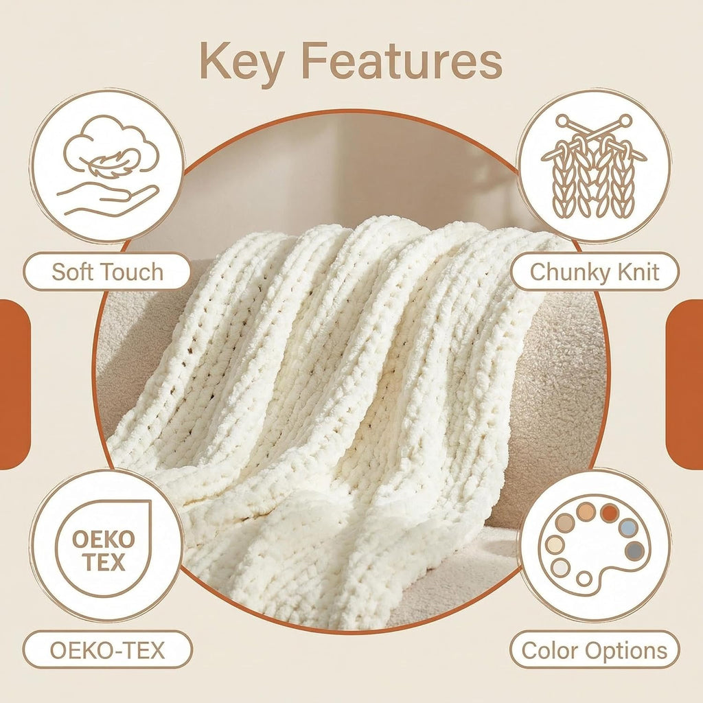 Amélie Home Chunky Knit Throw Blanket for Couch, Soft Chenille Handmade Crochet Throw Rope Knit Blanket for Bed, 40"x50", Ivory