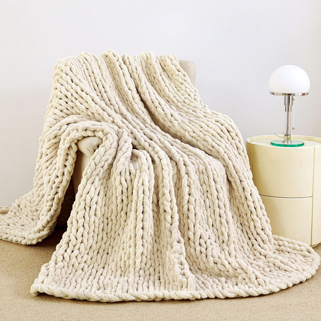 Admitrack Chunky Knit Blanket Throw, 100% Hand Knit Chenille Throw Blanket for Sofa & Home Decor, Soft and Cozy Knitted Throw Blankets (Sage Green，51"x63")