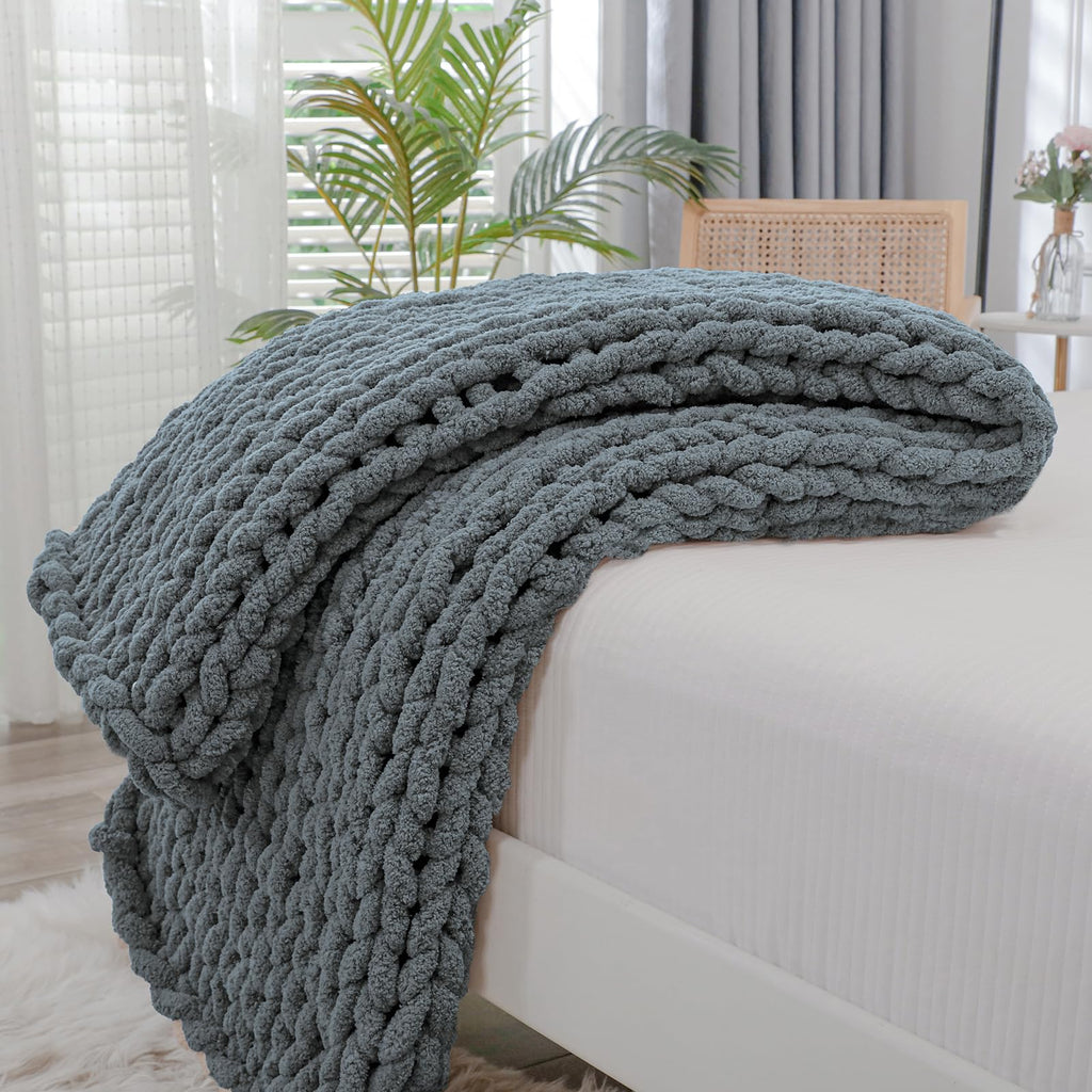 40×60" Beige Hand Knit Jumbo Chenille Chunky Knit Throw Blanket for Sofa & Bed