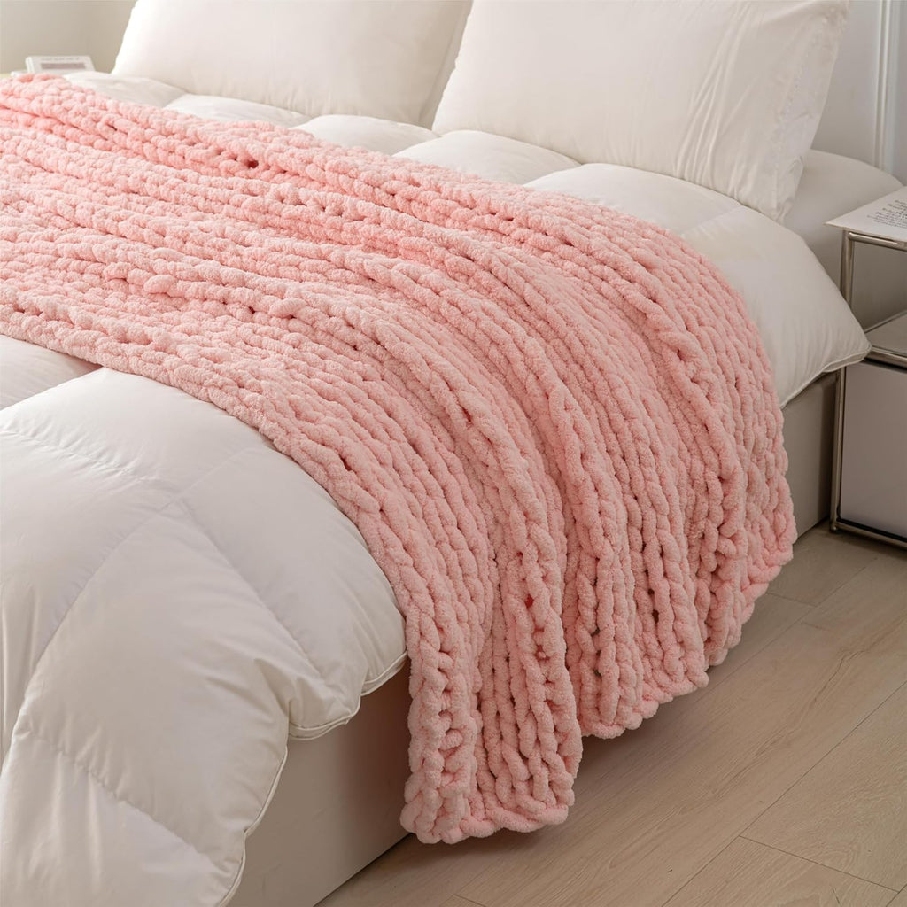 Chunky Knit Blanket Throw 51"×63" Knitted Throw Blankets for Couch Bed Fluffy Soft Blanket with Jumbo Chenille Yarn Thick 100% Handmade(Pink)