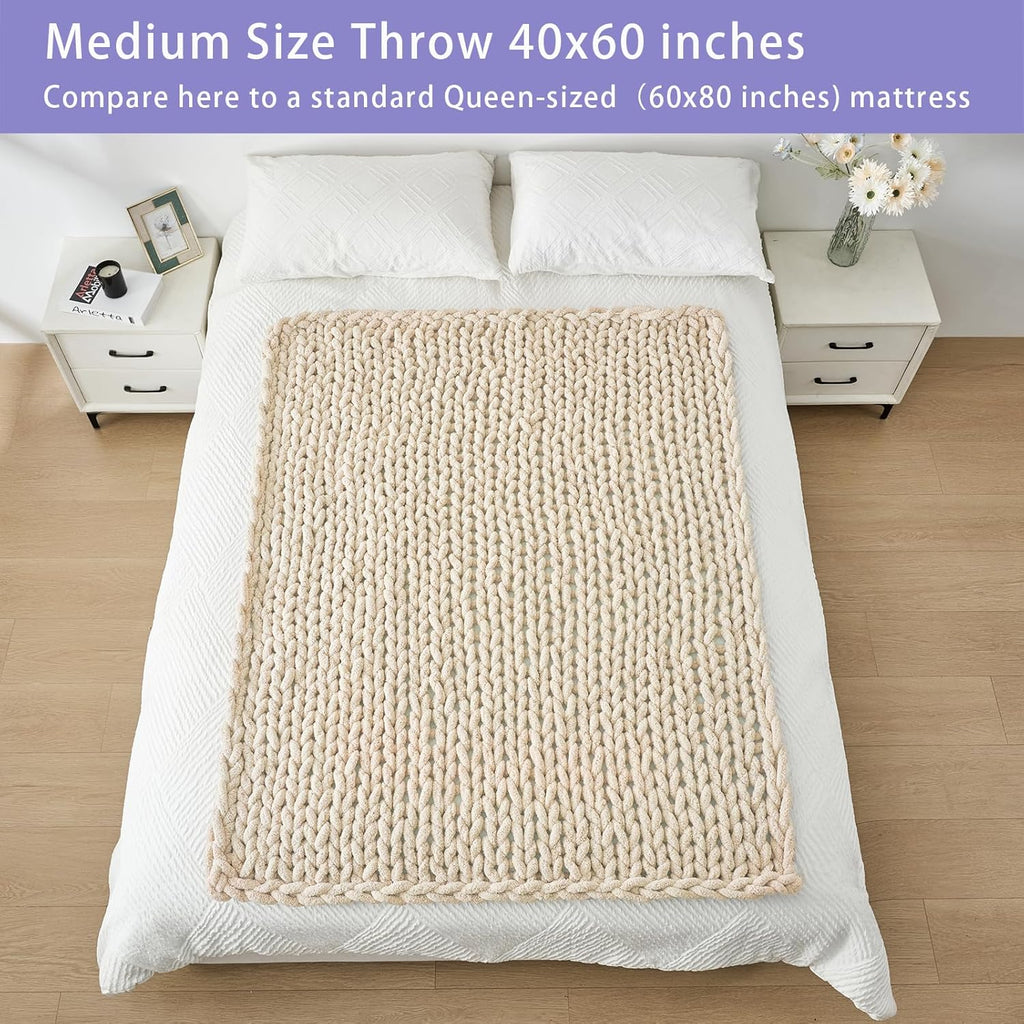 40×60" Beige Hand Knit Jumbo Chenille Chunky Knit Throw Blanket for Sofa & Bed